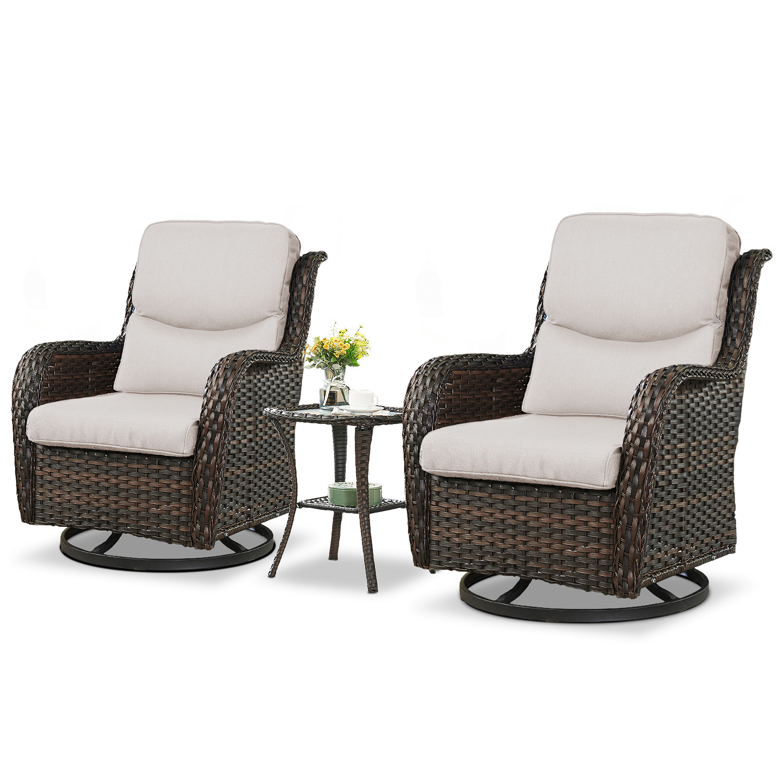 thumbnail video image 2 of Bellefurn Luxury Patio Swivel Rocker Chairs Wicker Rocking Chair,Outdoor Swivel Chairs Set of 2,Swivel Glider Lounge Chairs with Side Table for Patio Balcony,Porch,Garden, 2 of 11