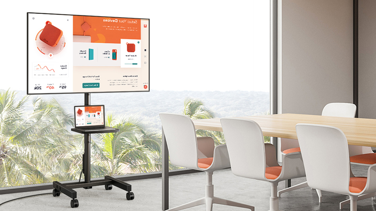 thumbnail video image 2 of RTVR Rolling TV Stand with Power Outlet for 13-50 inch Screens, Height Adjustable Mobile TV Cart with Shelves, 90° Rotation for Home Office, 2 of 10