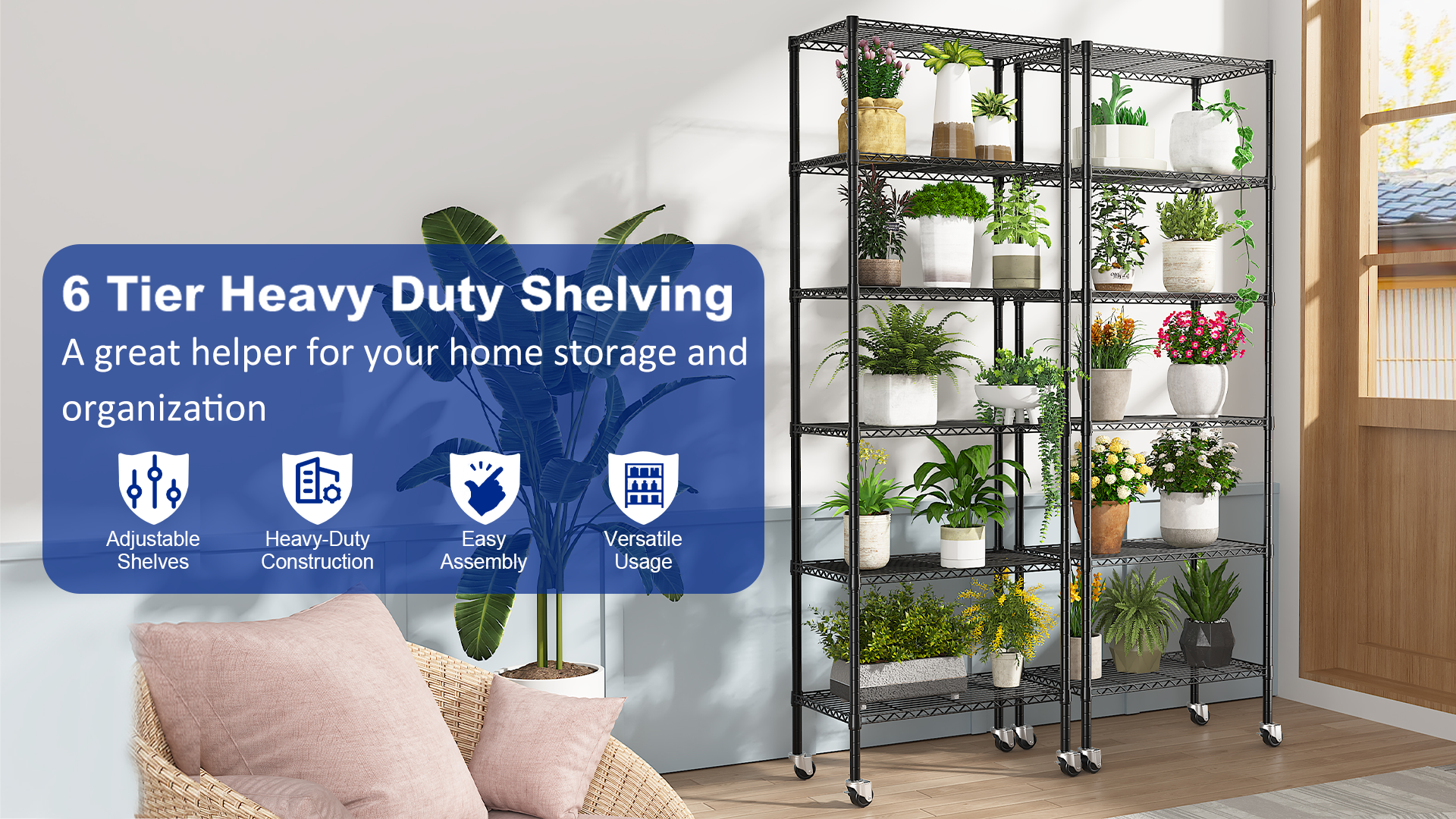 thumbnail video image 2 of 6-Shelf Adjustable Space-Saving Design Wire Shelving with Wheels, 750lbs Heavy Duty Metal Shelves, Powder-Coated Steel Storage Shelves for Storage, Garage Closet & Kitchen, Black, 2 of 9