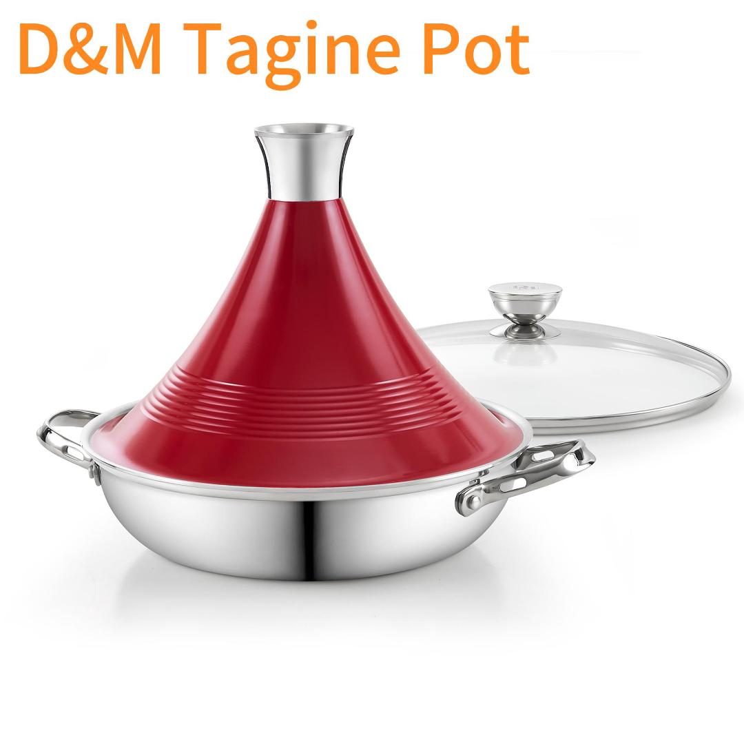 thumbnail video image 2 of DM Multi-Ply Clad Stainless Steel Tagine Pot, 11 Inch 3.6 Quart Moroccan Clay Tagine Pot Alternative, Traditional Cooking Pot with Die-Cast Aluminum White Conical Lid and Stainless Steel Knob, 2 of 9