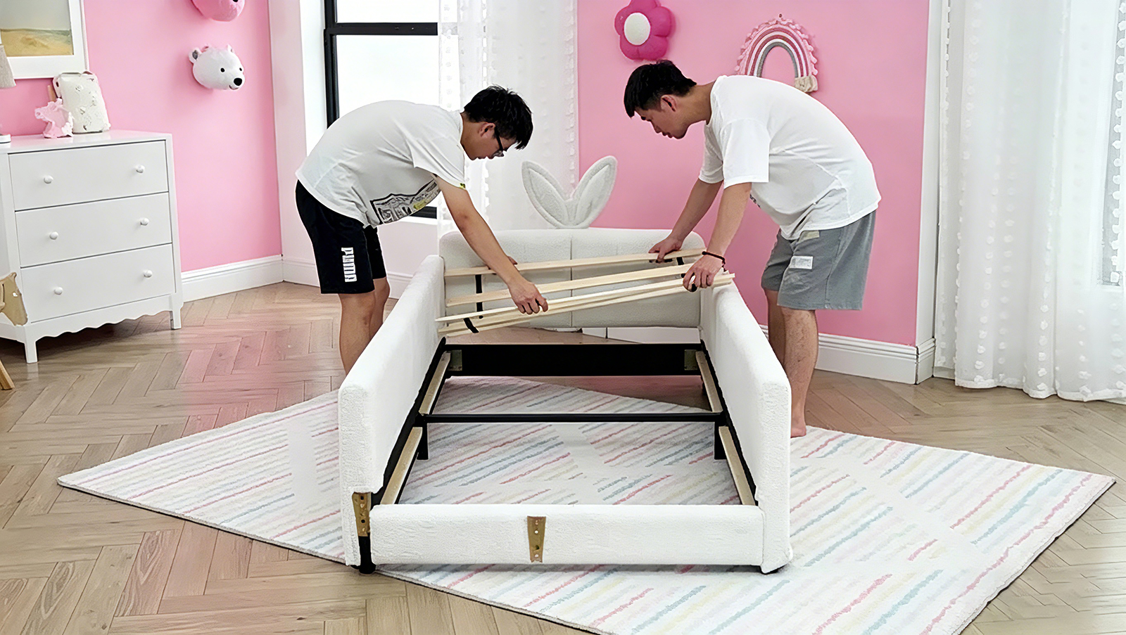 thumbnail video image 2 of Deiokin Twin Size Bunny Ear Platform Bed Frame, Upholstered Boucle Fabric Bed Frame with Safety Rail & Storage Pocket, 2 of 10