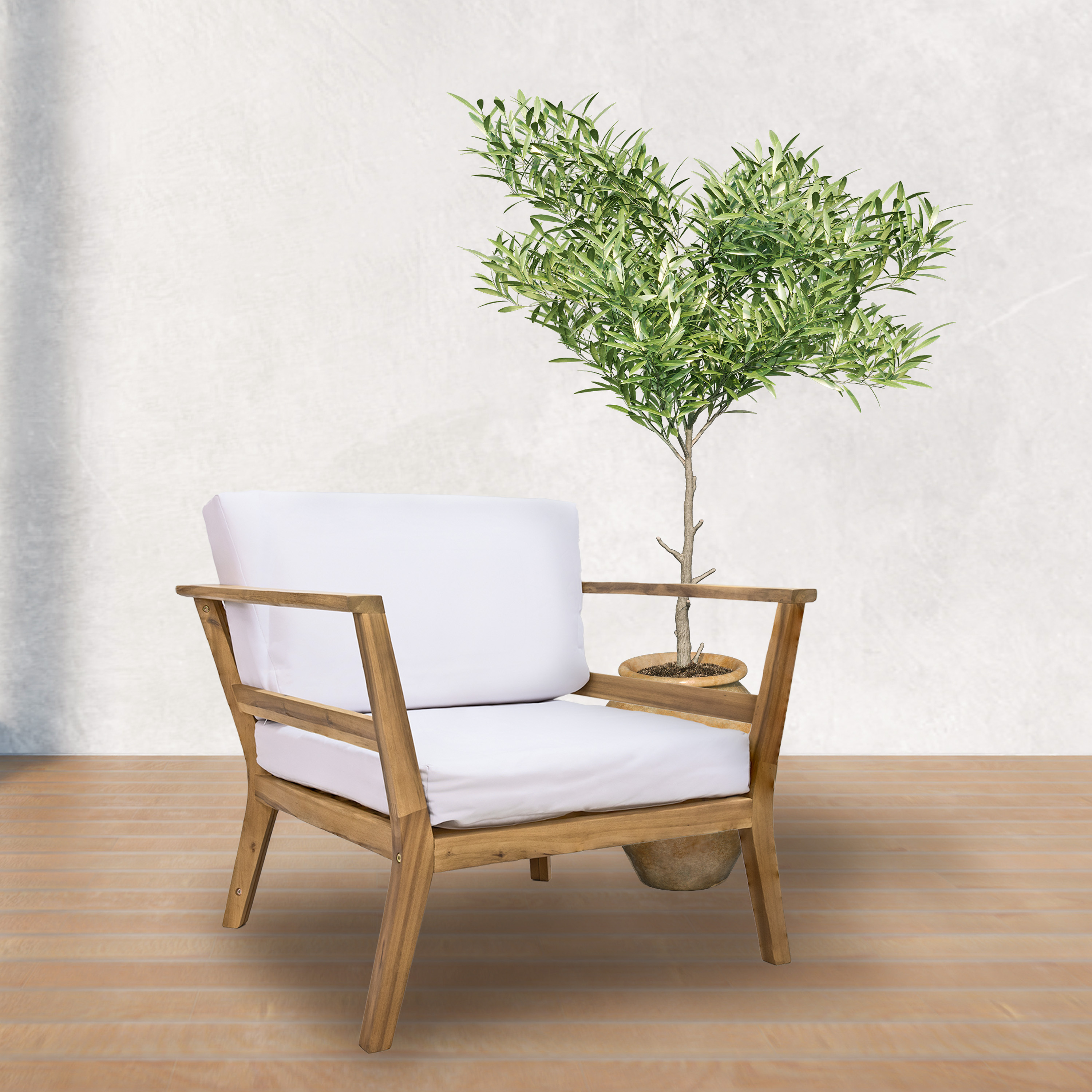 thumbnail video image 2 of Sunnydaze Bodie Acacia Outdoor Lounge Armchair with Bone White Cushions - Natural Oil Finish, 2 of 19