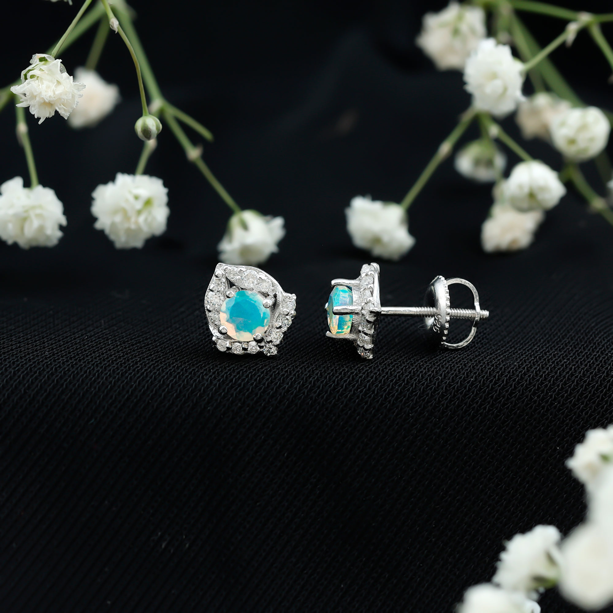 thumbnail video image 2 of Rosec Jewels Ethiopian Opal Stud Earrings with Moissanite for Women - AAA Grade, 10K White Gold, 2 of 9