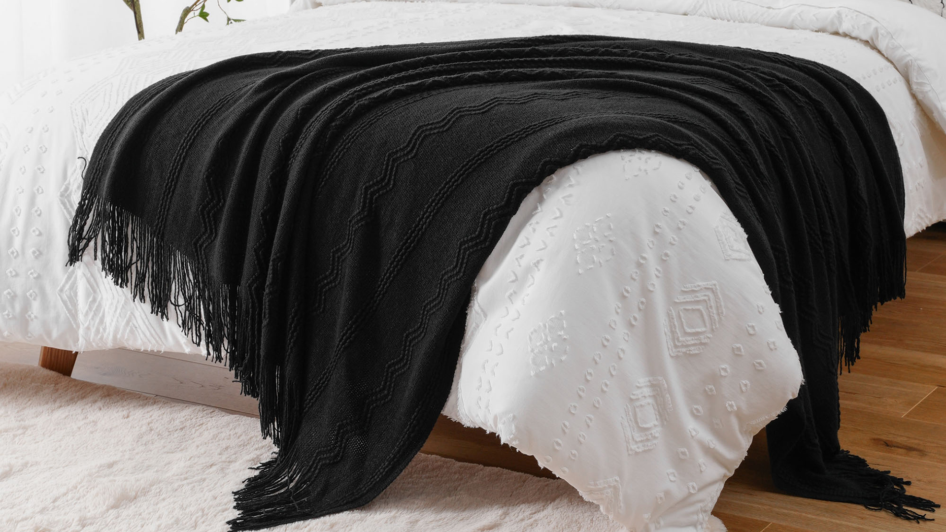 thumbnail video image 2 of Black Throw Blanket with Fringe,Black Knit Throw for Couch Sofa, Plaid Bed Throws,50"x60", 2 of 9