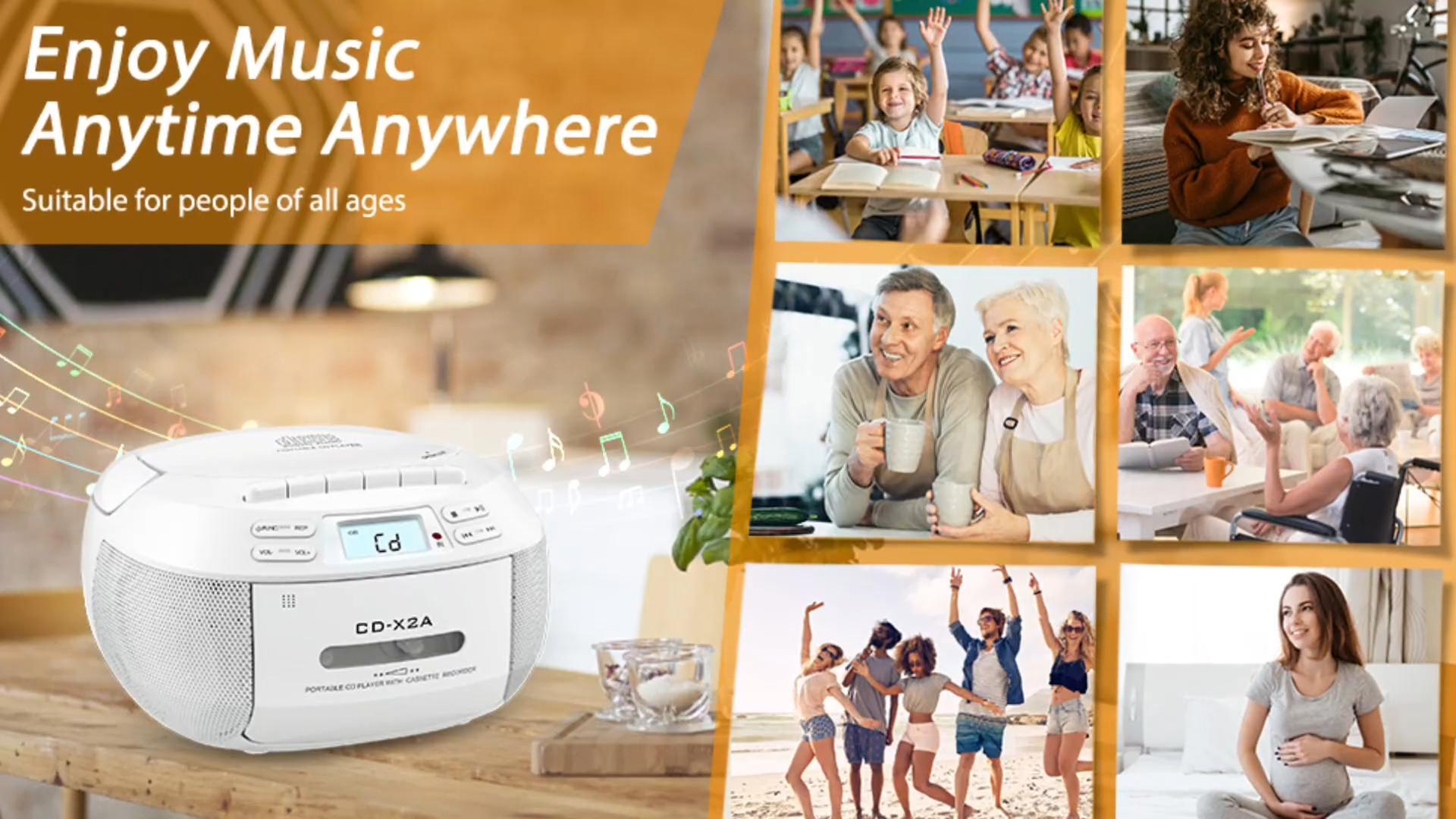 Jazmm Portable CD Player Cassette Boombox with Bluetooth Radio AUX