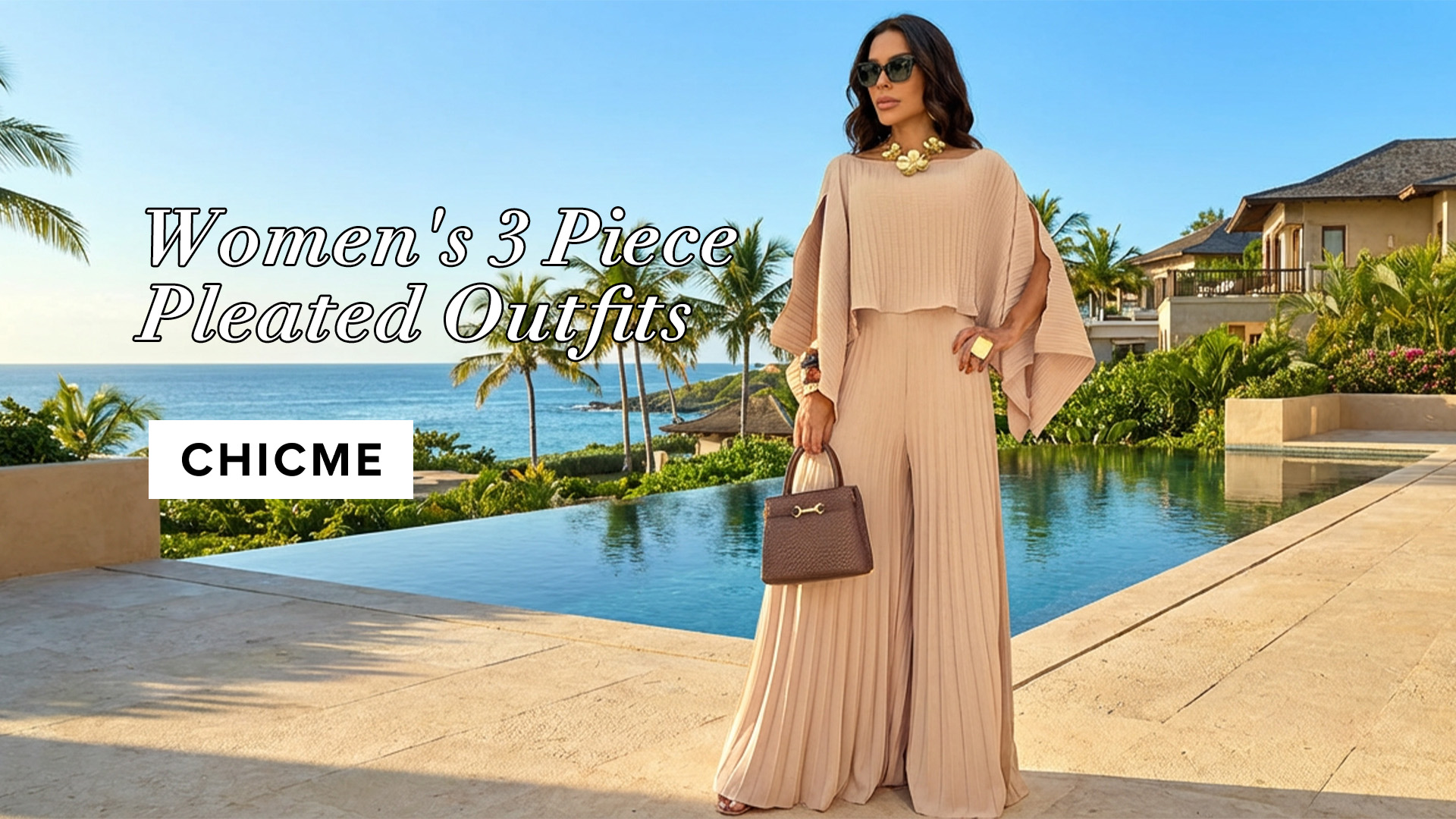 thumbnail video image 2 of CHICME Women's 2 Piece Pleated Outfits Set Asymmetrical One Shoulder Tops & High Waist Wide Leg Pants Elegant Irregular Hem Matching Set Beige-M, 2 of 9