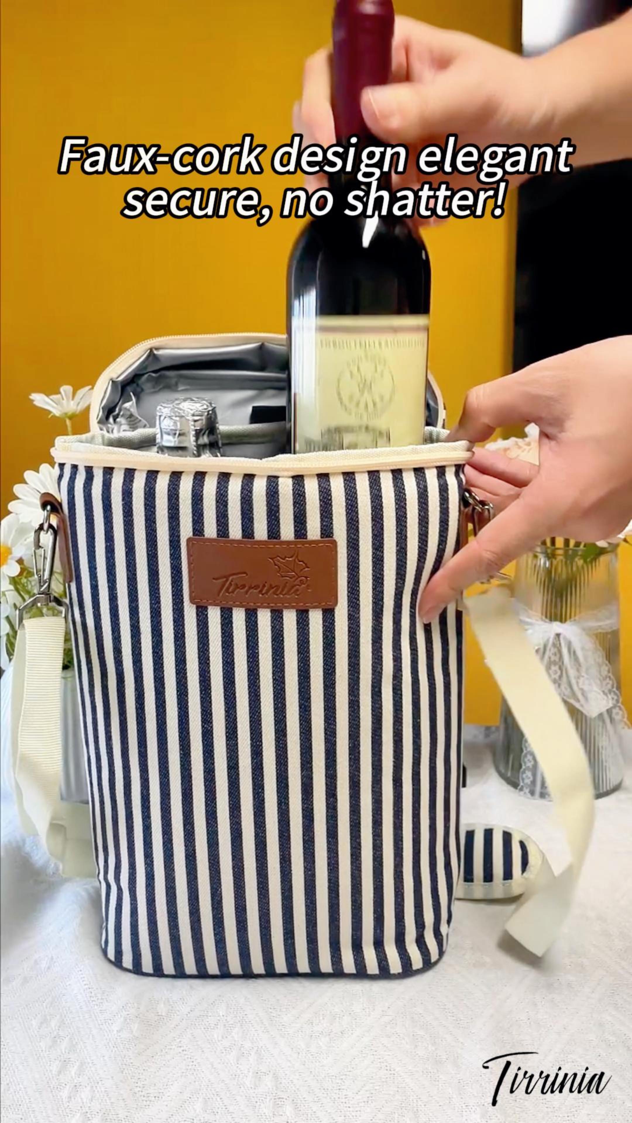 thumbnail video image 2 of Tirrinia Insulated 2 Bottle Wine and Drinks Carrier Tote Cooler Bag for Travel Picnic with Padded Champagne Glass Carrying Case, 2 of 8