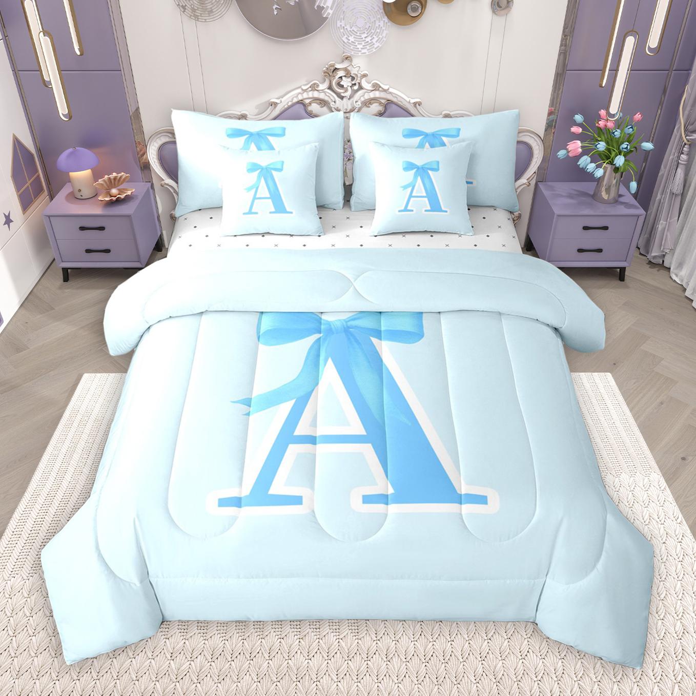thumbnail video image 2 of Manfei Letter A Monogrammed 7-Piece Twin Bedding Sets,Cute Cartoon Bowtie Bedding Comforter Set,Blue Bow Tie Sheet Sets For Girls Kids,Microfiber Room Decorative Reversible, 2 of 9
