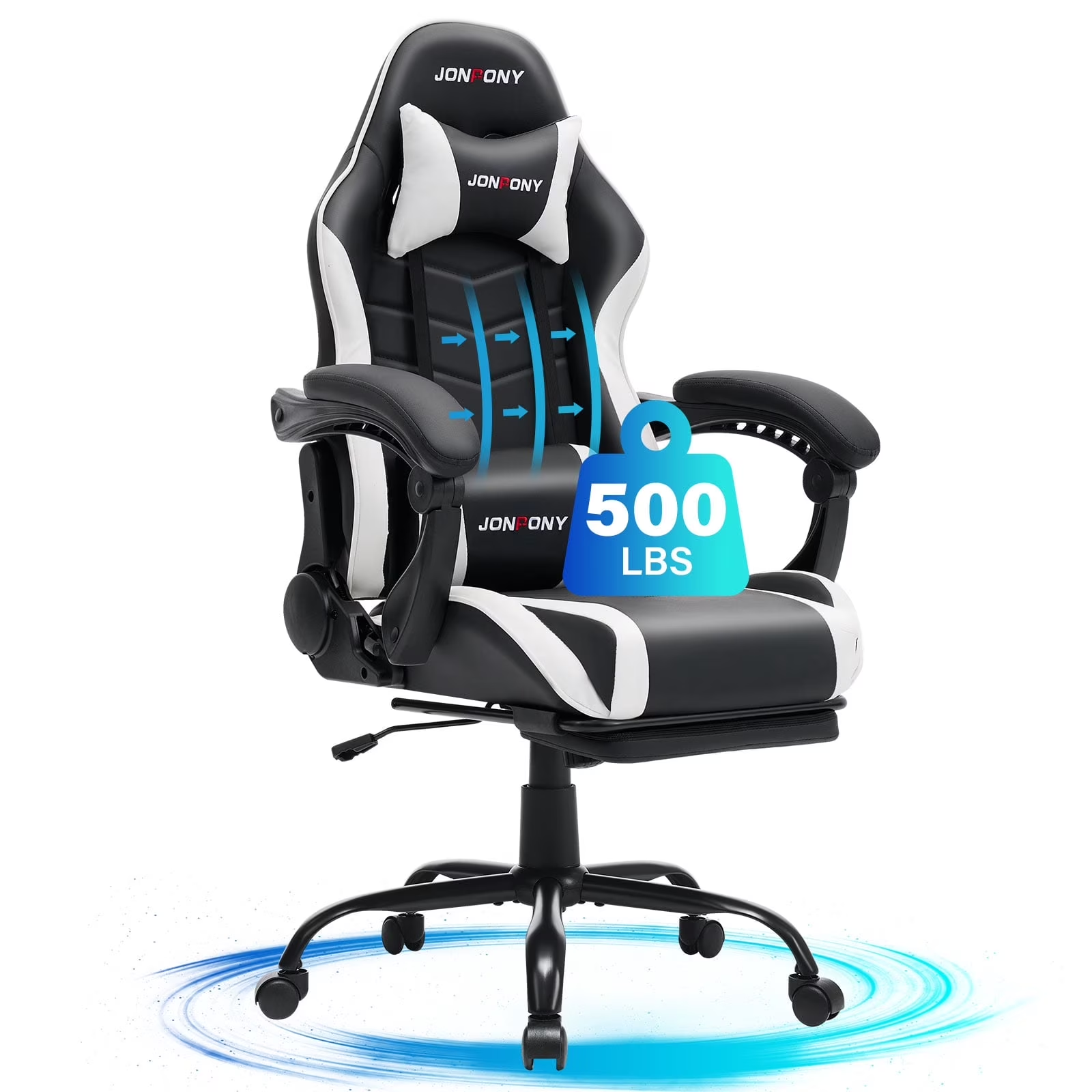 thumbnail video image 2 of JONPONY 500LBS Big & Tall Gaming Chair, Ergonomic High-Back Gamer Chair with Footrest Lumbar Support, PU Leather Office Computer Chair for Long Sitting, White, 2 of 9