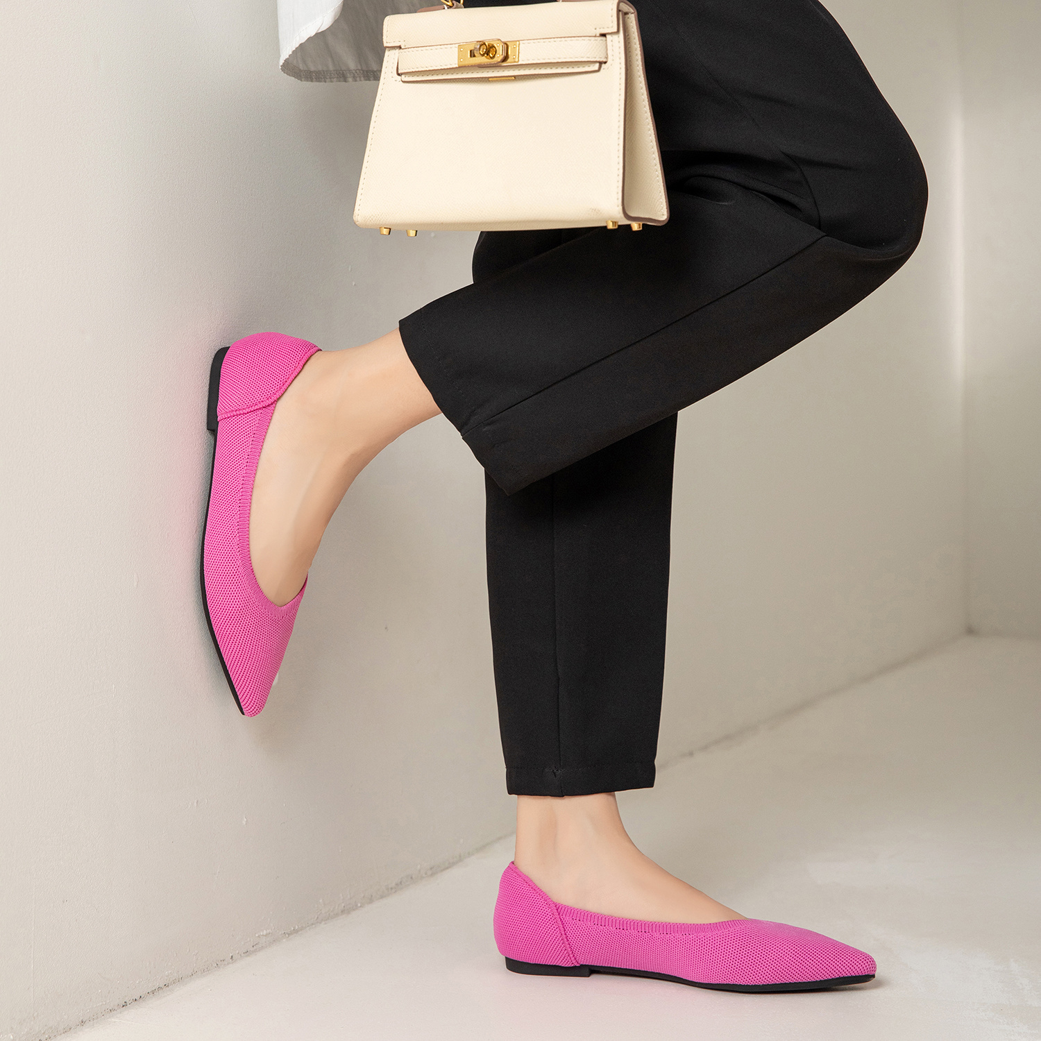 thumbnail video image 2 of Ruiatoo Women's Flats Pointed Toe Knit Comfortable Slip On Ballet Flat Casual, Work Teacher Dressy Shoes Hot Pink 38, 2 of 6