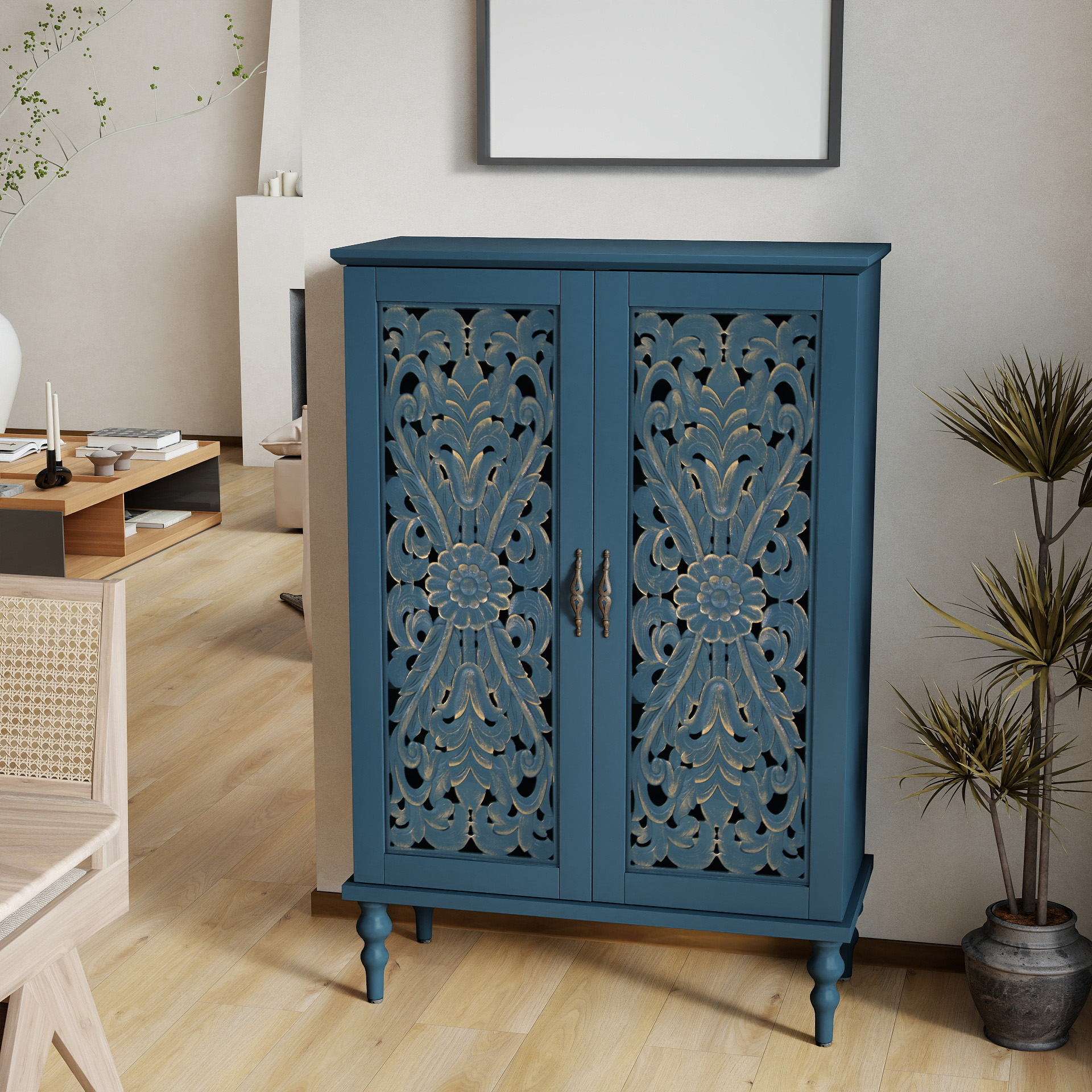 thumbnail video image 2 of HLR Buffet Cabinet with Storage Accent Sideboard, Modern Hollow 2 Doors Credenza for Dining Room, Blue, 2 of 12