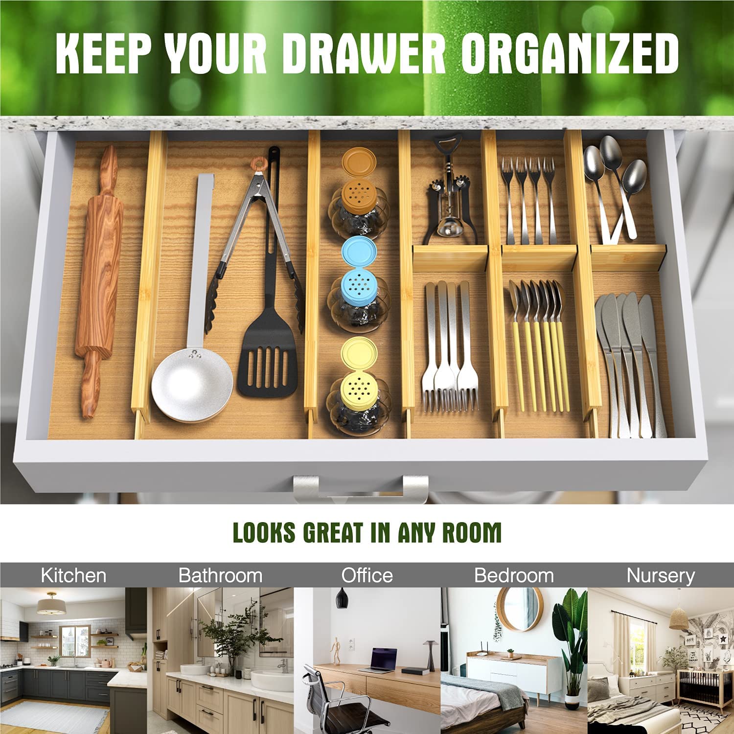 thumbnail video image 2 of ANTOWIN Expandable Bamboo Drawer Dividers Organizers, Drawer Separators Splitter, 17-22 inches Long Adjustable Spring-loaded Organizer for Large Utensil, Clothes, Tools Drawers, 2 of 8