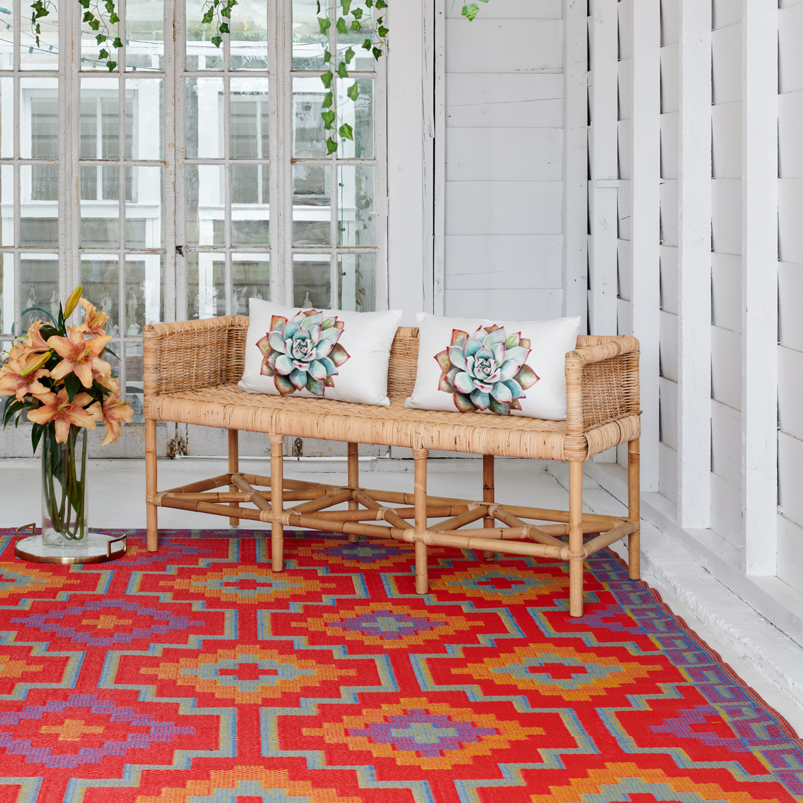 thumbnail video image 2 of Fab Habitat Outdoor Rug - Waterproof, Fade Resistant, Crease-Free, Reversible - Premium Recycled Plastic - Vintage Boho Kilim - Patio, Porch, Deck, Balcony - Lhasa - Orange & Violet - 5 x 8 ft, 2 of 10