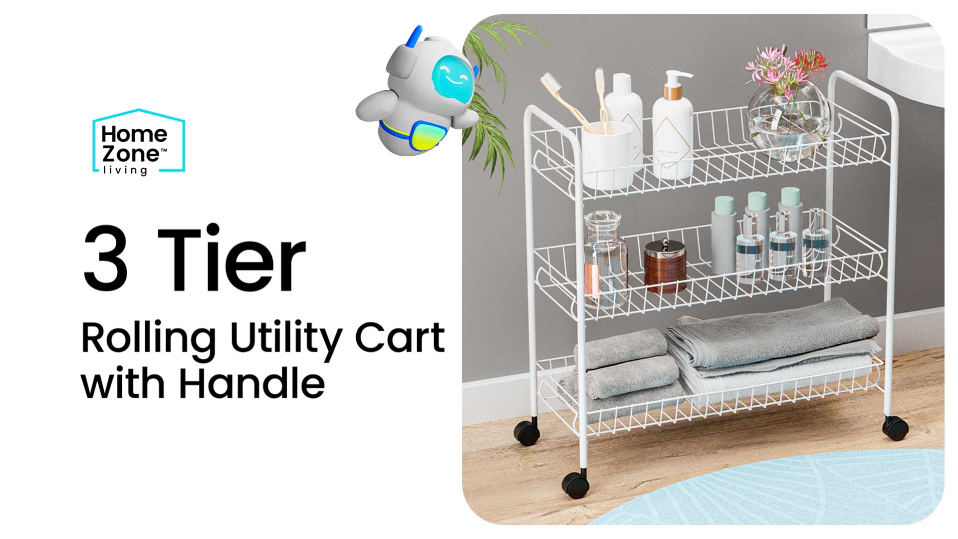 thumbnail video image 2 of Home Zone Living Rolling Utility Cart with Handle, 3 Tier Versatile Storage Organizer with Wheels, 2 of 8
