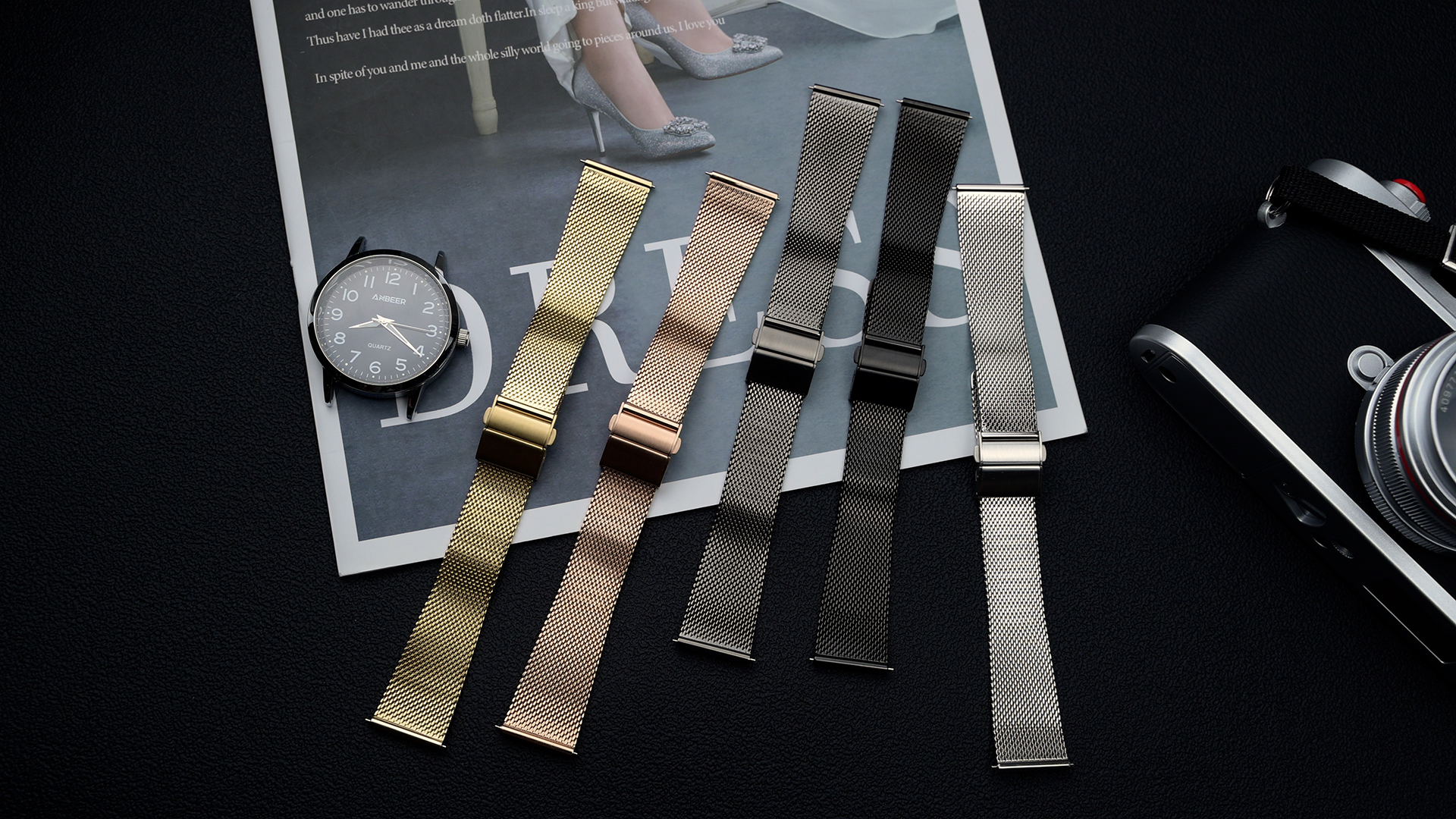 thumbnail video image 2 of ANBEER 16mm Metal Watch Straps,Foldover Clasp,316L Stainless Steel Mesh Watch Bands,Quick Release Replacement Band for Men and Women,Grey, 2 of 8