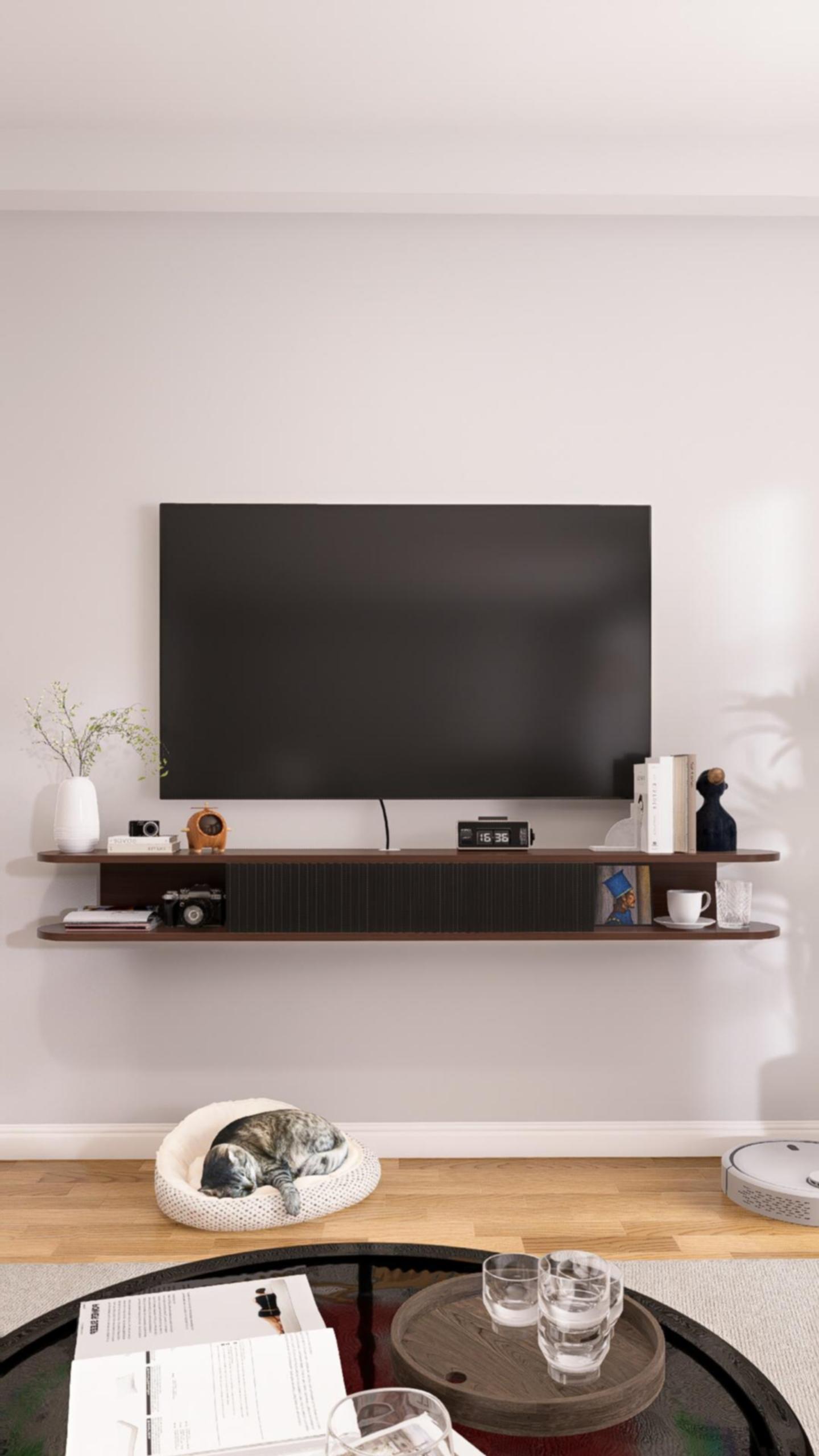thumbnail video image 2 of ​​FloatiCasa 47" Floating TV Stand Wall-Mounted Entertainment Center and Vertical Groove Design for TVs up to 50"(Walnut​​ and Black), 2 of 14