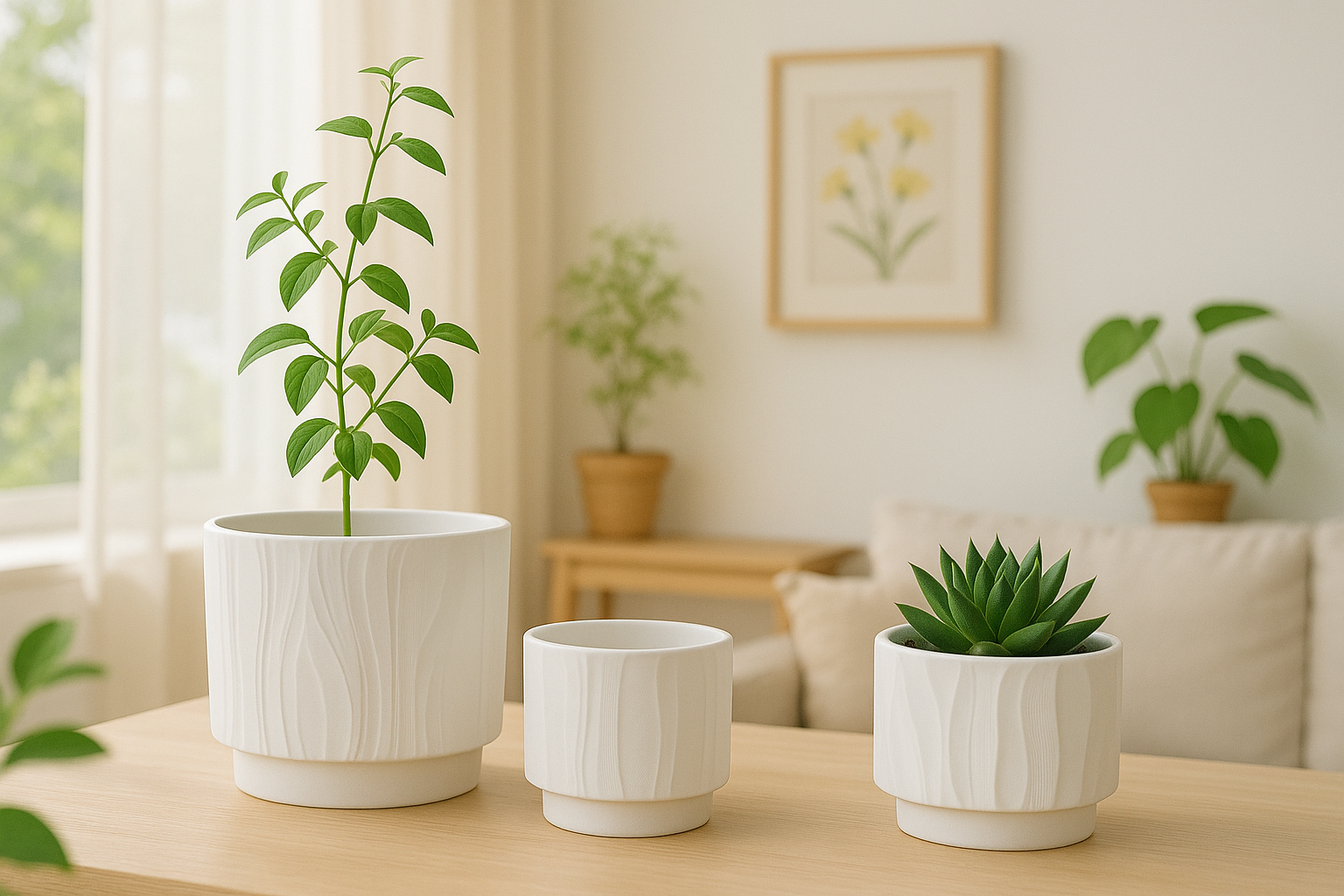 Stoneware Round Planter Set of 3 with Drainage Holes, White Textured ...