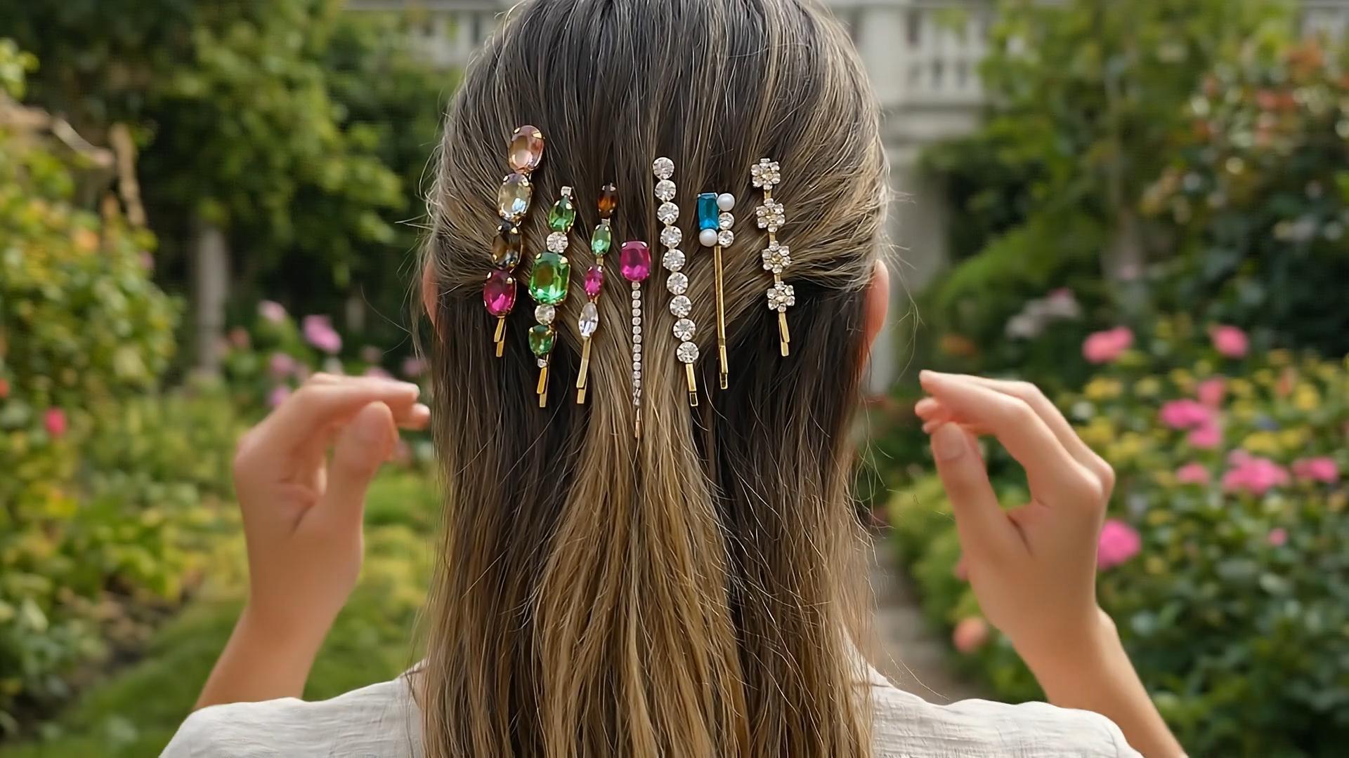 thumbnail video image 2 of Miallo 7-Piece Colorful Crystal Bobby Pins Set, Assorted Rhinestone Hair Clips, Decorative Jewelry Hair Pins for Women and Girls Daily Wear, 2 of 8
