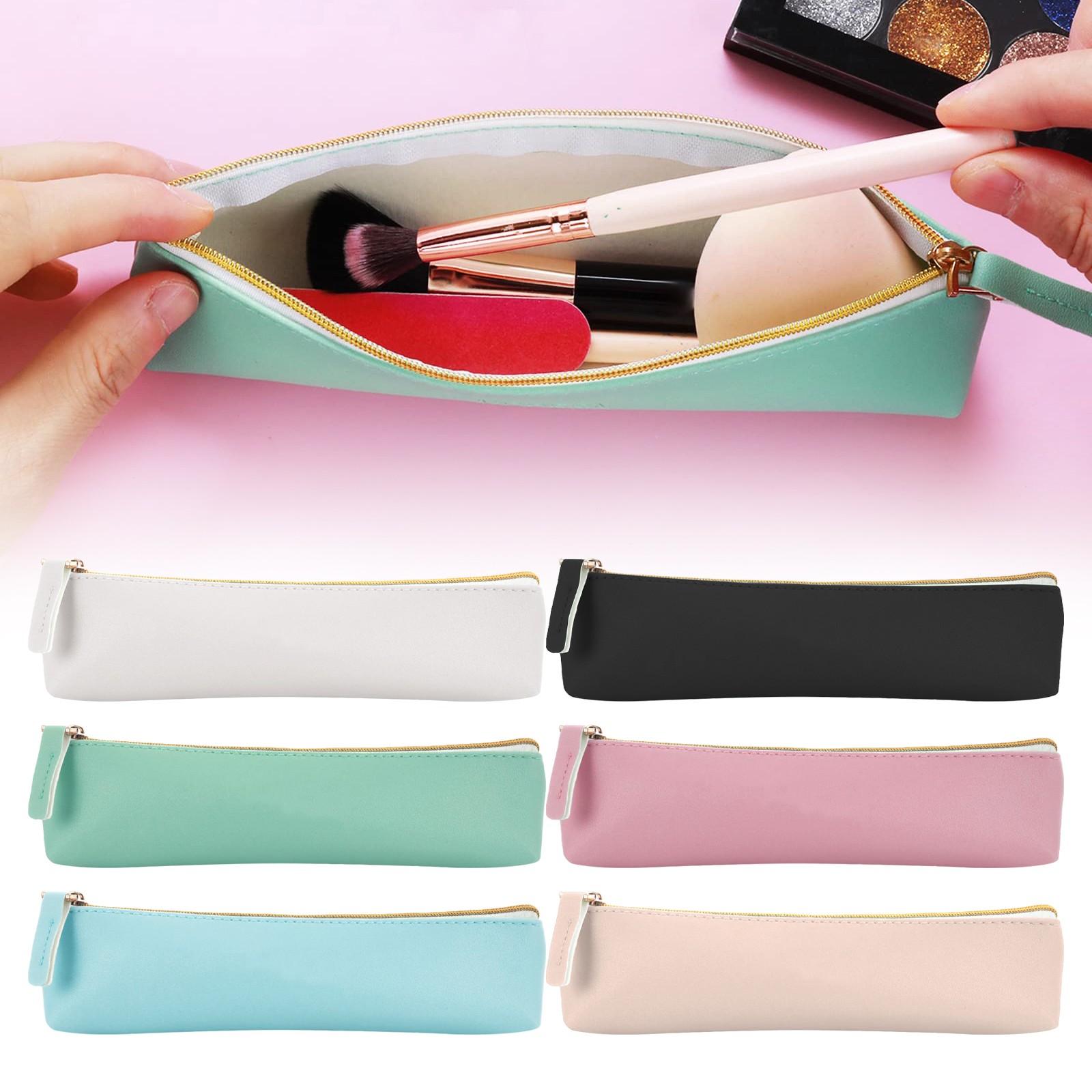 thumbnail video image 2 of CoreLiving Leather Pencil Case Aesthetic Small Pen Pouch for Women Cute Zip Organizer Portable Stationery Bag for Pencils Makeup Slim Design Black, 1 Count, 2 of 10