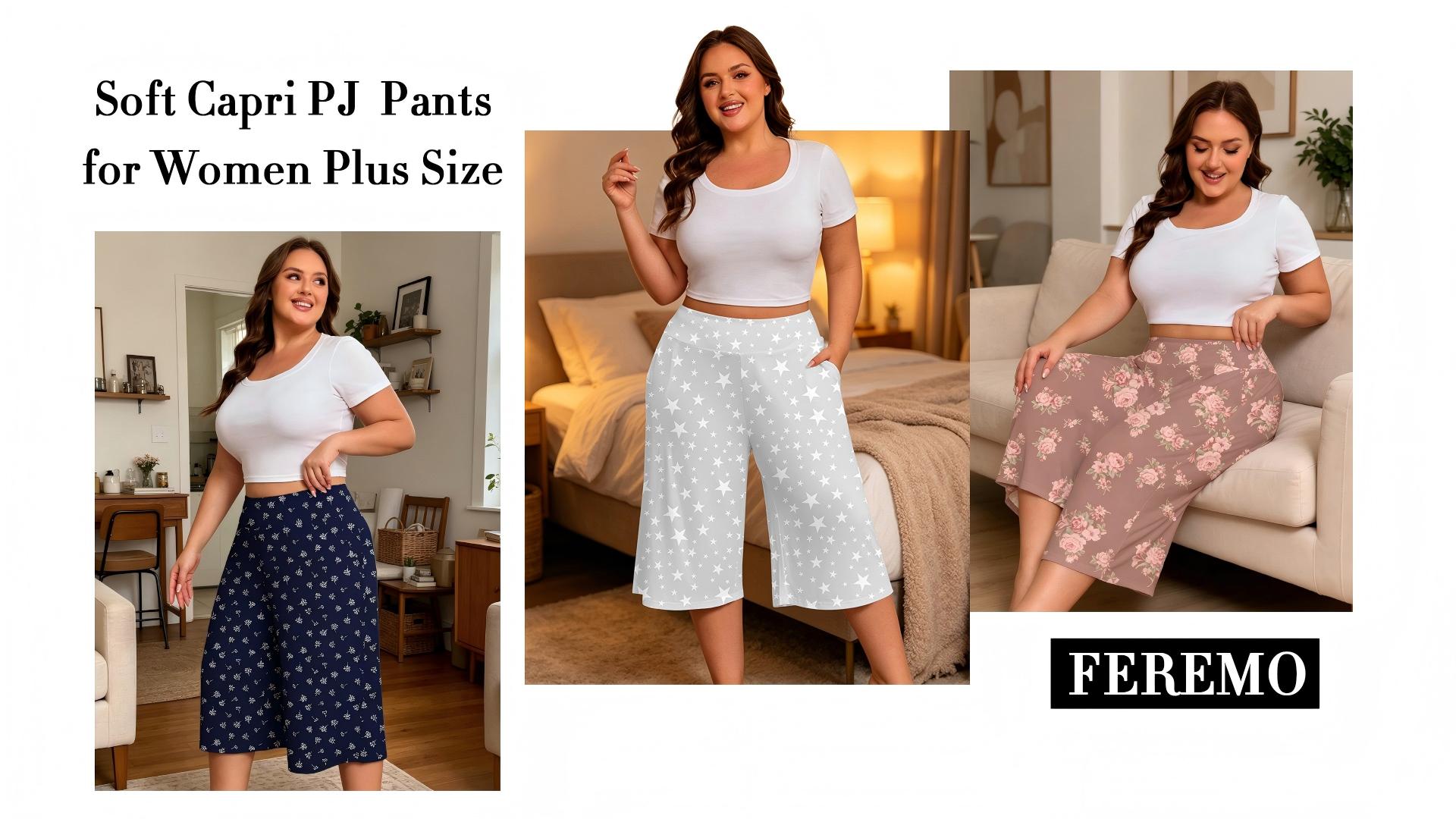 thumbnail video image 2 of FEREMO Women Plus Size Pajama Pant Capri Printed Sleep Pant with Pockets 3-Pack, 2 of 9