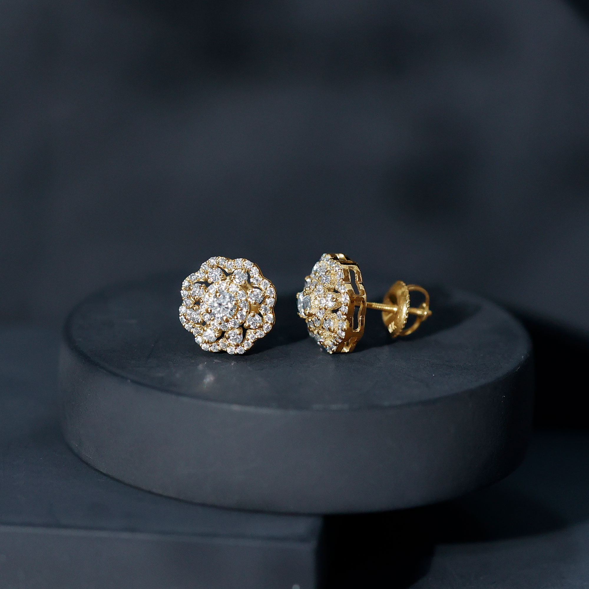 thumbnail video image 2 of Rosec Jewels - Lab Grown Diamond Floral Wedding Earrings for Bride (Ef-Vs Quality) - Statement Floral Studs Screw Back, 10K Yellow Gold, 2 of 8