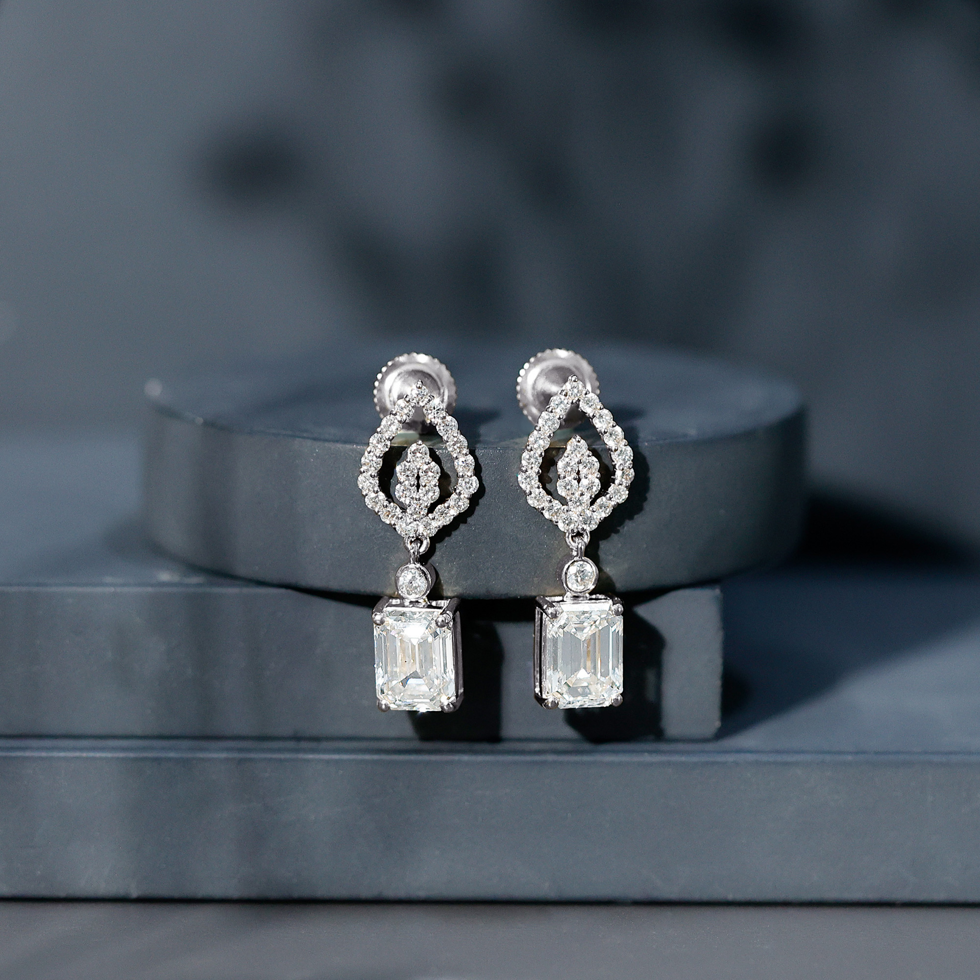 thumbnail video image 2 of Rosec Jewels Lab Grown Emerald Cut Diamond Earrings Drop - Art Deco Earrings (6X8 mm, EF-VS1 Quality) - With Jewelry Box, 18K White Gold, 2 of 9