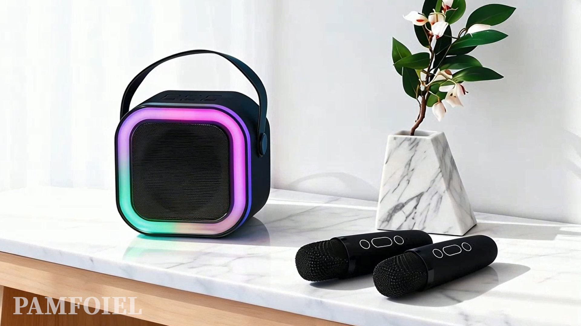 thumbnail video image 2 of Kids & Adults Mini Karaoke Machine with 2 Wireless Mics, Portable Bluetooth Speaker & LED Party Lights - Home/Outdoor Use, Birthday Gift for 2-12 Year Olds - Black, 2 of 8