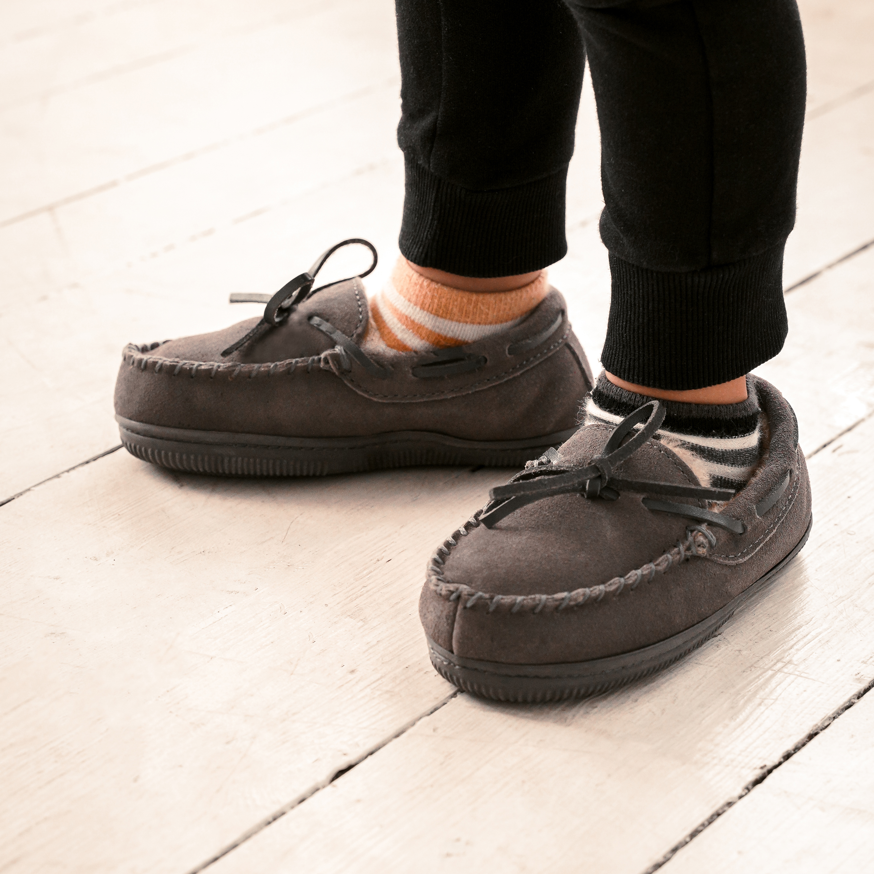 thumbnail video image 2 of NORTY Toddler Boy Girl Unisex Suede Leather Moccasin Slippers, Flat Heel Medium Moc Toe, 2 of 17