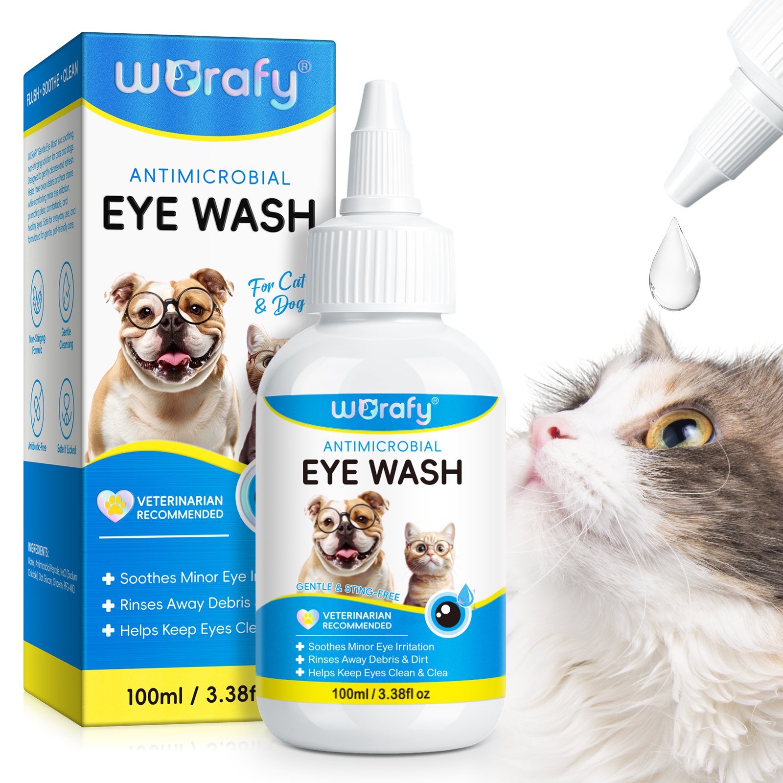 thumbnail video image 2 of Worafy Gentle Dog and Cat Eye Wash - Relieve Eye Discomfort  Natural Formula Eye Drops for Dogs and Cats 3.38 fl oz/100ml, 2 of 7