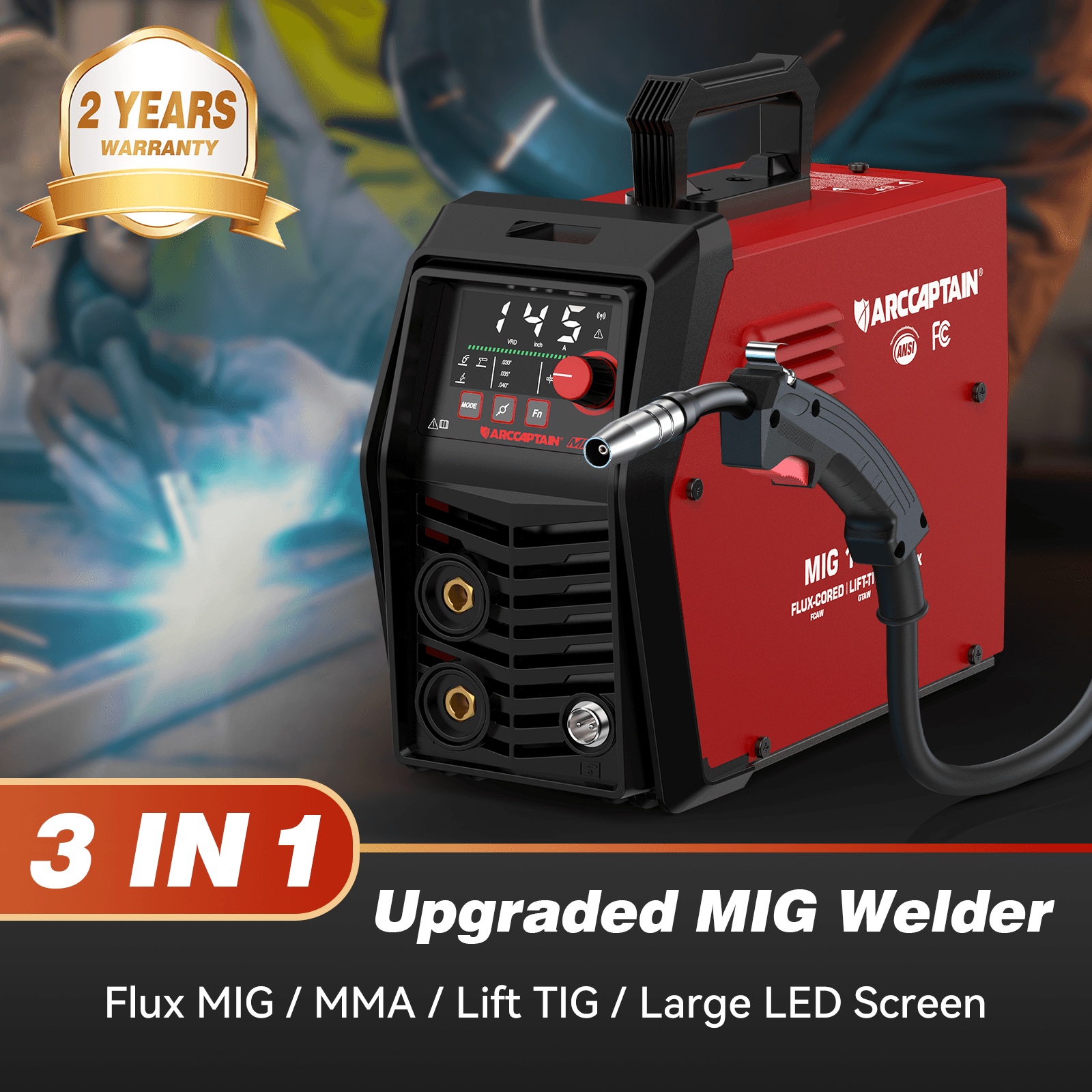 thumbnail video image 2 of ARCCAPTAIN i-Control 145A Flux Core MIG Welder 110V Welding Machine Gasless MIG Welder Flux MIG/MMA Stick/Lift TIG, 3 in 1 Welder Machine with APP Control, 2 of 10