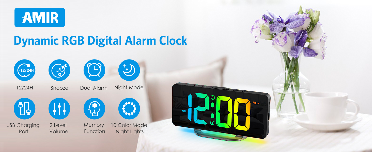 thumbnail video image 2 of Digital Alarm Clock, AMIR RGB LED Alarm Clock 7" Volume & Brightness Adjustable Snooze 12/24H USB Charging Port Alarm Clock for Bedroom Bedside Living Room Office Gift, 2 of 11
