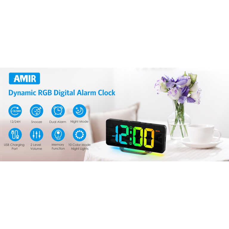 AMIR Digital Alarm Clock, Large LED Digital Clock For Bedrooms With 10 Colors NightLight, 2 Alarm, Snooze, 12/24H, USB Charging Port, Adjustable Volume & Brightness Bedside Clock For Heavy Sleepers