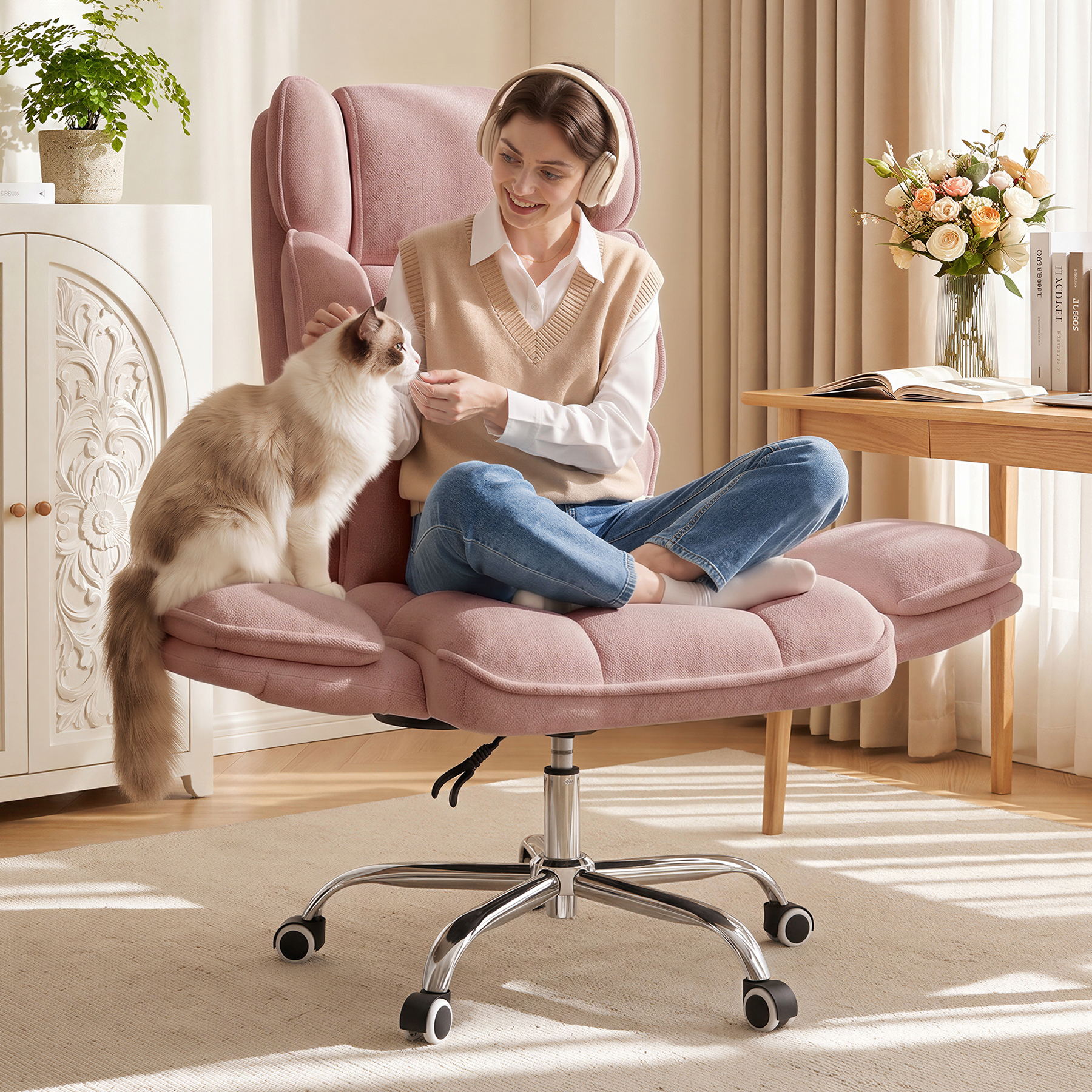 thumbnail video image 2 of Hawsaiy Big and Tall Office Chair, Flip Armrests with Side Pockets, Comfy Criss Cross Office Chair with Extra-Wide Plush Seat, 150° Reclining Executive Office Chair, Chenille Upholstery, Pink, 2 of 13
