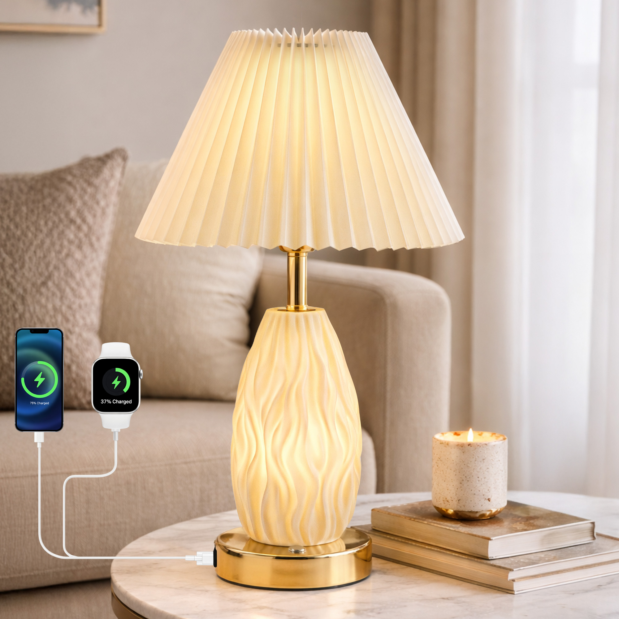 thumbnail video image 2 of HadinEEon 17.5" Table Lamp with USB A&C Ports and Night Light, Touch Control 3 Way Dimmable Bedside Lamp, for Bedroom Living Room Office, Beige, 2 of 10