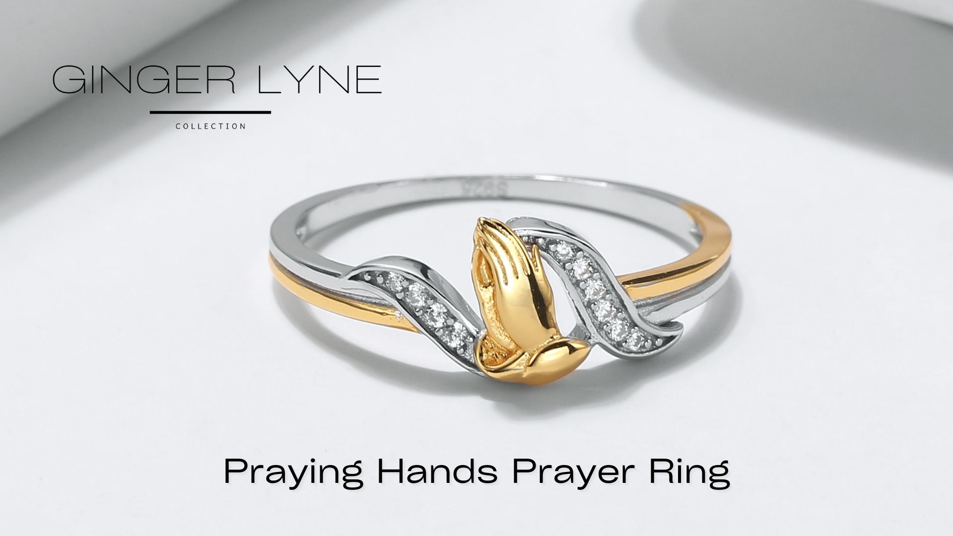thumbnail video image 2 of Easter Praying Hands Prayer Ring Religious Gold Plated Sterling Silver Cz Women Ginger Lyne, 2 of 8