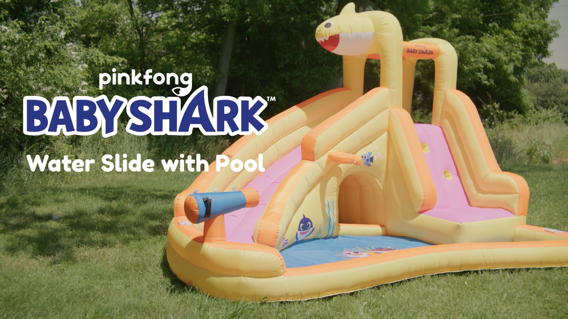 thumbnail video image 2 of Funormous Baby Shark Bounce House with Slide, Pink Fong Inflatable Water Slide, Party Outdoor Curve Waterslide Fun, 2 of 9