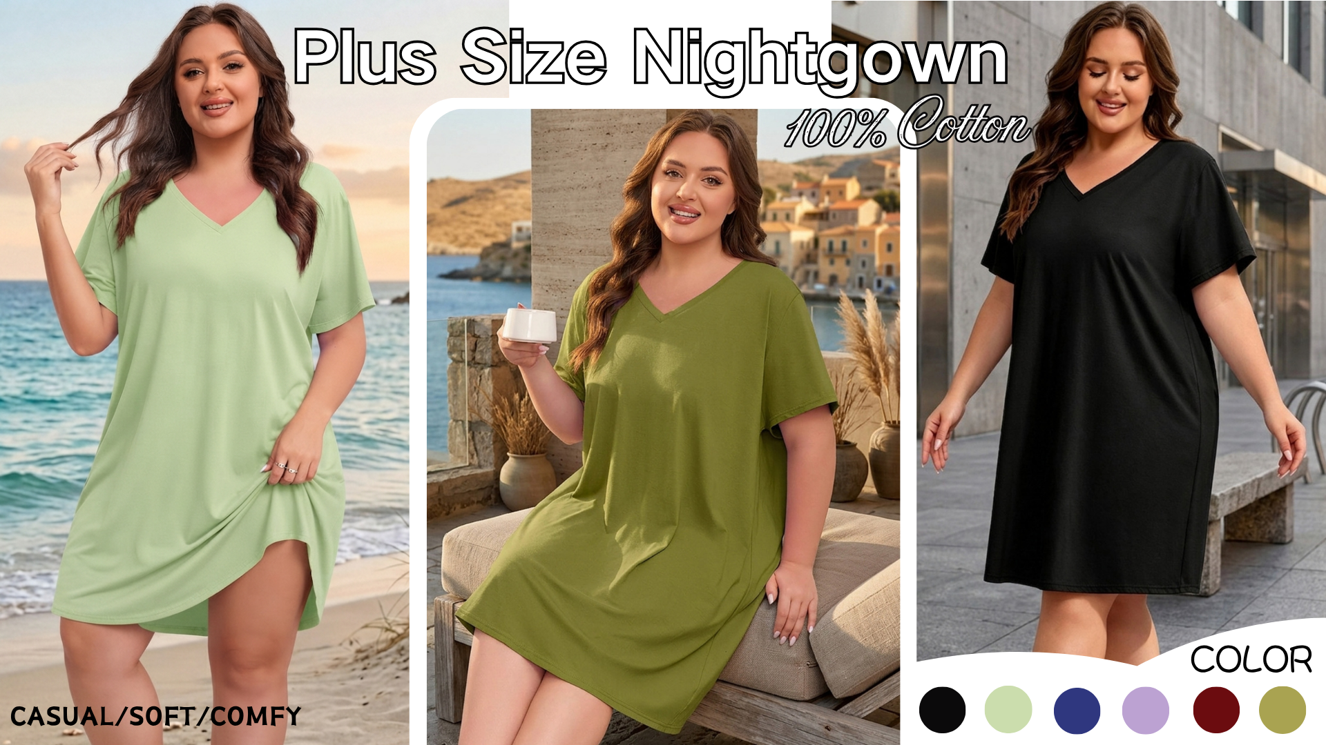 thumbnail video image 2 of FEREMO Womens Plus Size 100% Cotton Short Sleeve V Neck Nightgown Ladies Sleepwear, 2 of 9