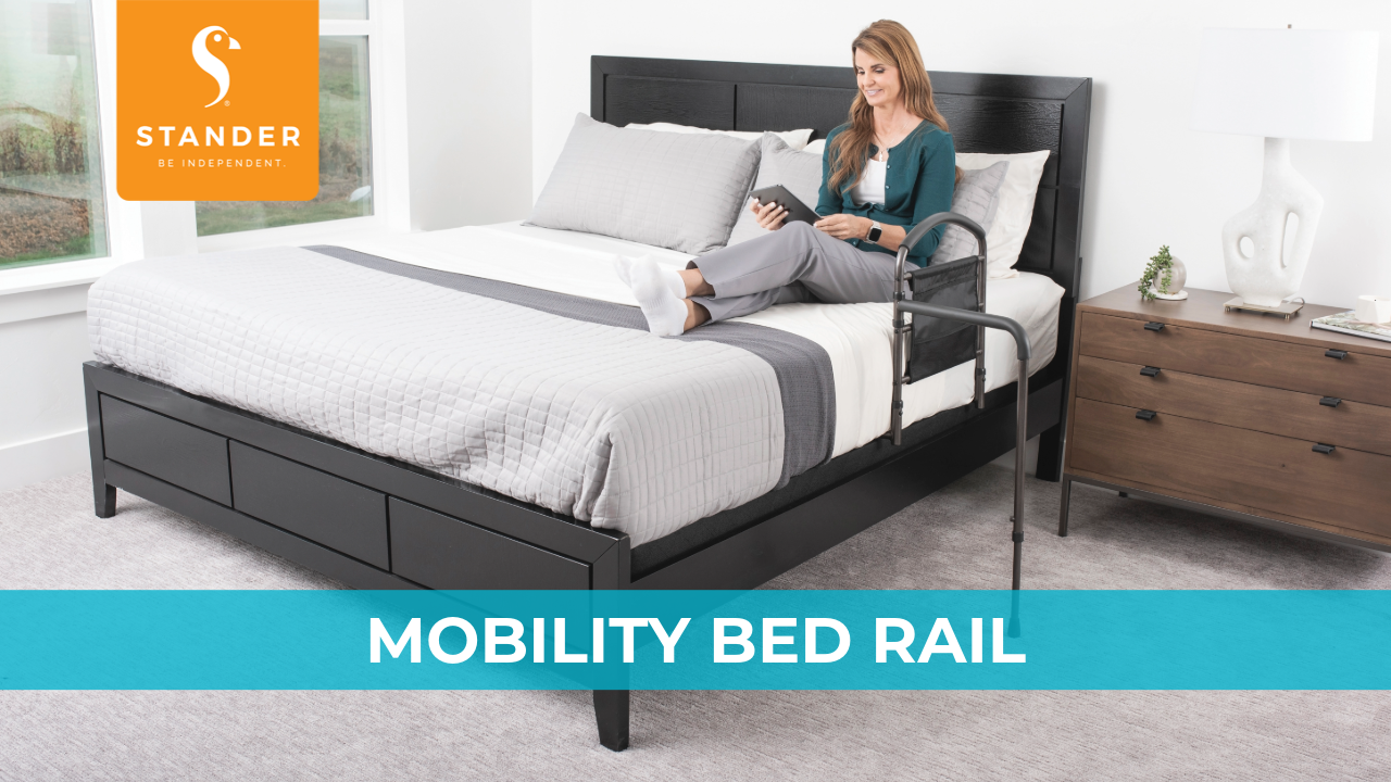 thumbnail video image 2 of Stander Mobility Rail, Bedside Railing and Assist Bar with Swing-Out Safety Handle for Adults, Seniors, and Elderly, Guardrail with Organizer Pouch, ASTM Safety Approved Bedrail, 2 of 8