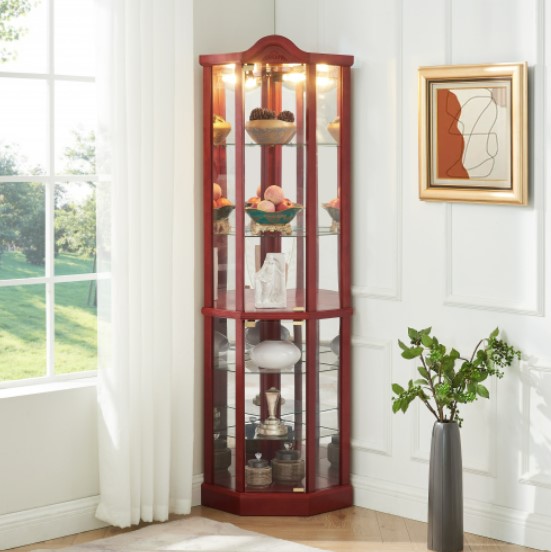 thumbnail video image 2 of Eyisean 72" H Lighted Corner Display Curio Cabinet, Wooden Curved Bookshelf with Tempered Glass Door, Bar and Liquor Storage Area with 6 adjustable Shelves, for Collectibles, Toys, Books, 2 of 12