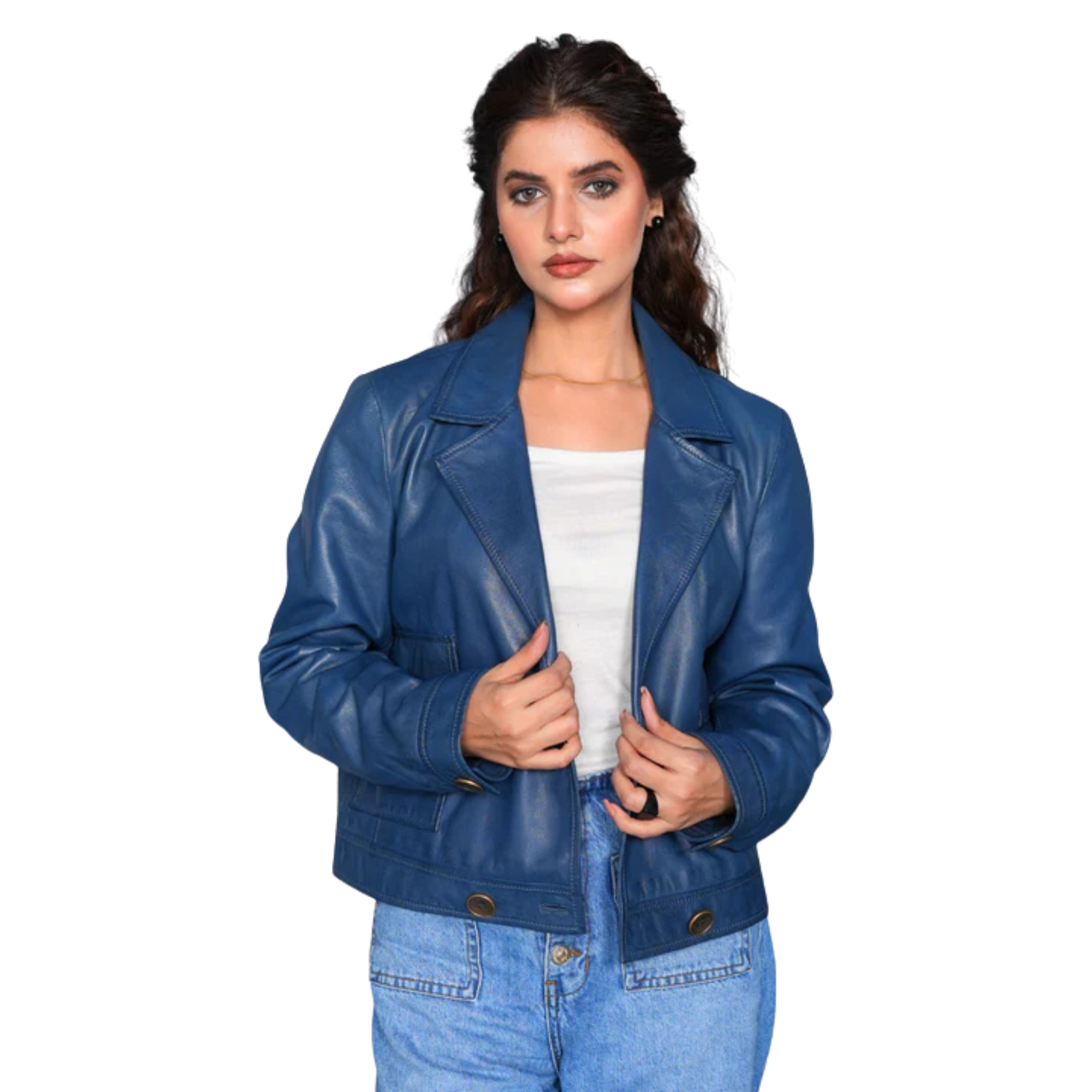 thumbnail video image 2 of Genuine Lambskin Women Blue Lightweight Cropped Button Up Leather Formal Jacket, 2 of 9