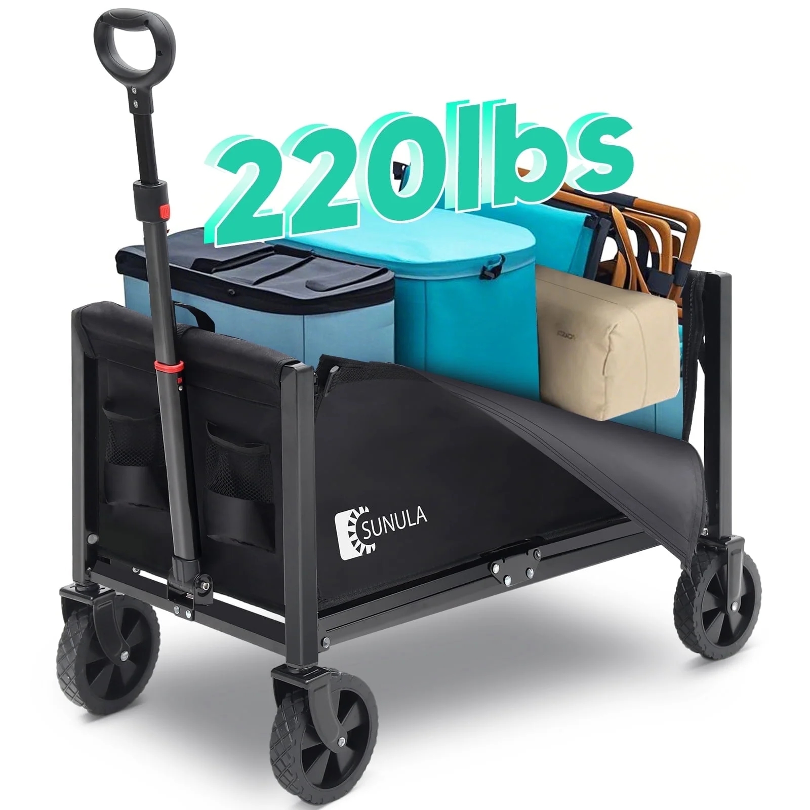 thumbnail video image 2 of Sunula 330LBS Foldable Wagon Cart 3 in 1 Collapsible Grocery Wagon with Wheels, 2 Cup Holder, Folding Lightweight Utility Cart for Camping, Shopping, Garden, Beach, Pet Riding. Balck 1 Year Warranty, 2 of 8
