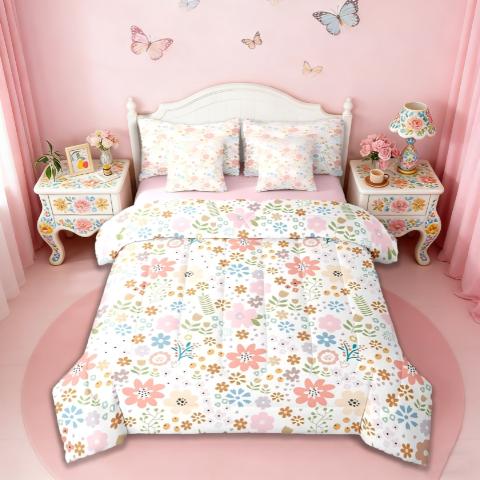 thumbnail video image 2 of jejeloiu Colorful Daisy Flower Bedding Comforter Set 7 Pieces,Vintage Floral Full Bedding Set,Pink White Blue Fitted Sheet Flat Sheet For Girls,Ultra Soft Home Decor Reversible, 2 of 8