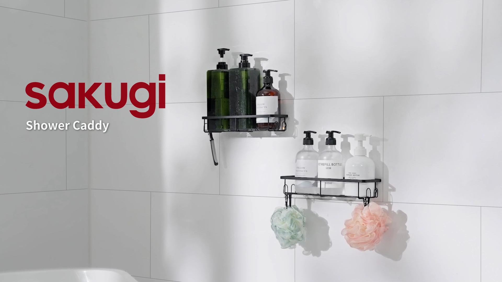 thumbnail video image 2 of Sakugi Corner Shower Caddy, 2-Pack Adhesive Shower Organizer, Bathroom Organizers and Storage, Black, 2 of 7