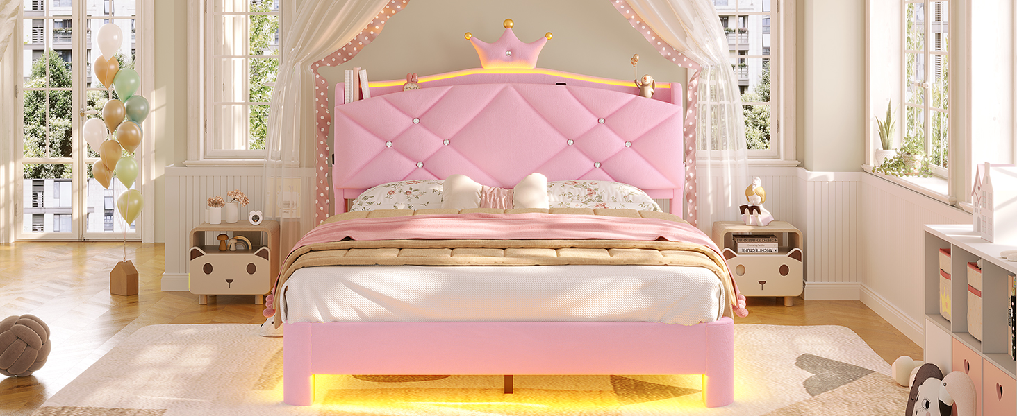 thumbnail video image 2 of Princess Pink Bed Frame Full with LED Lights & Charging Station, Velvet Platform Upholstered Bed for Teen Bedroom Pink Furniture, 2 of 9