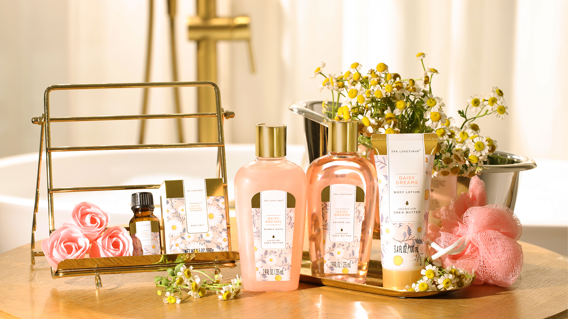 thumbnail video image 2 of Spa Gift Basket for Women, 8 Pcs Daisy Body Bath Gift Sets, Beauty Valentine's Day Birthday Gifts for Her, 2 of 9