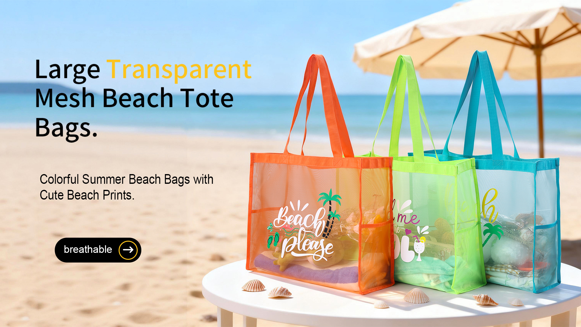 thumbnail video image 2 of Large Capacity Fine Mesh Beach Tote Bag with Funny pattern, Sand Proof Nylon Handbag Side Pockets For Pool Seaside Travel Swimming, 2 of 8