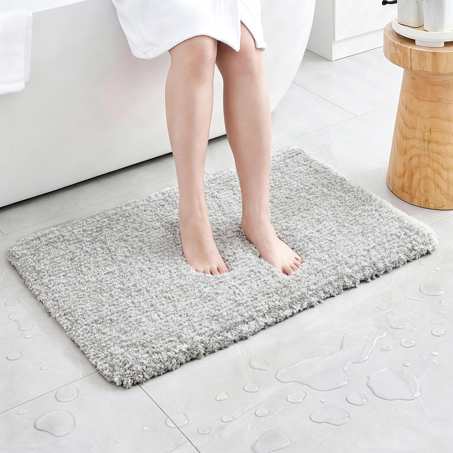 thumbnail video image 2 of Disolla Ultra Thick Plush Fluffy Microfiber Bath Rug, White & Grey 24 x 36 Non Slip Absorbent Washable Carpet for Bathroom Floor, 2 of 9