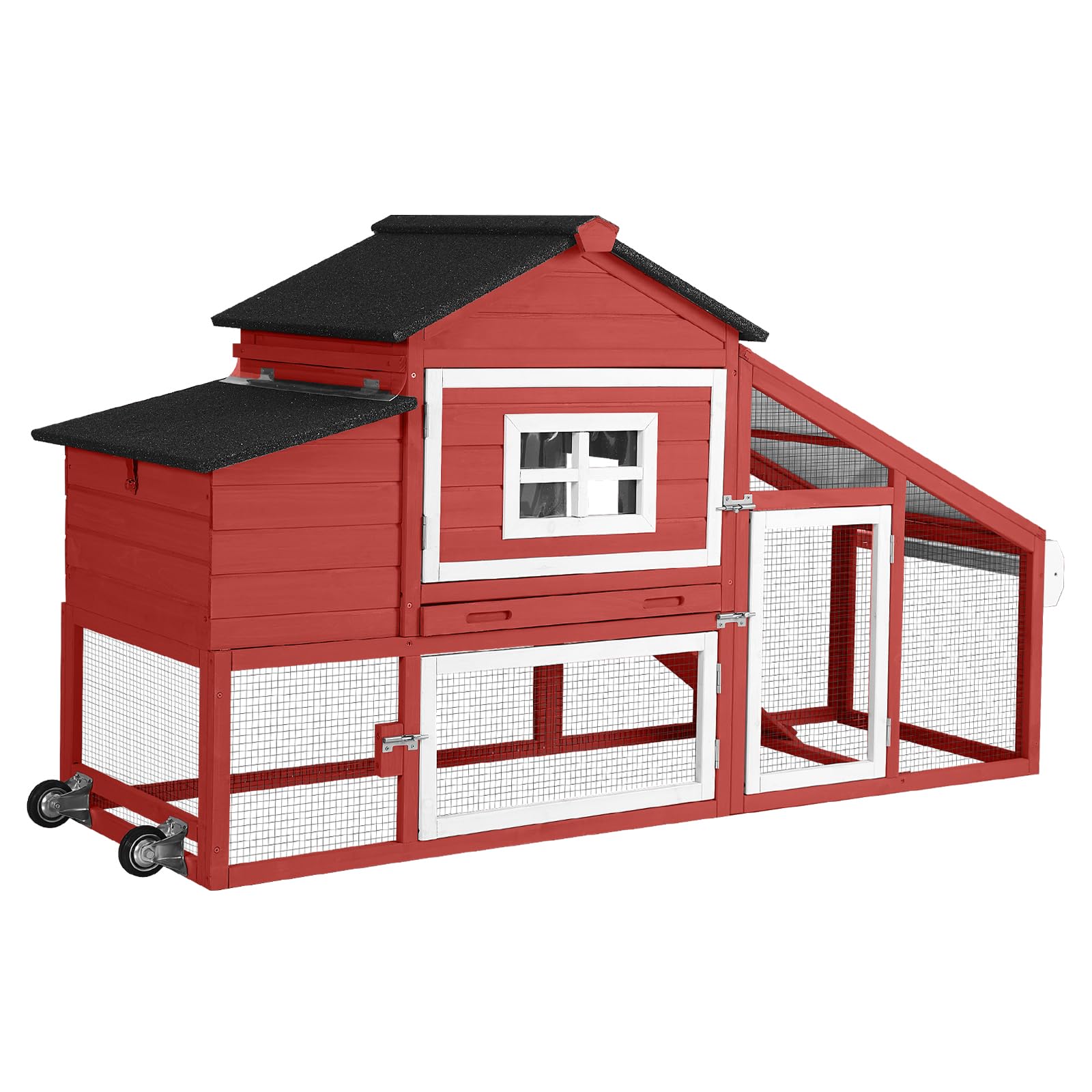 thumbnail video image 2 of BUTINGLALE Outdoor Mobile Chicken Coop with Wheels Hen House with Nesting Box Wooden Bunny Cage Large Duck House with Run UV Roof Rabbit Hutch(Red), 2 of 7