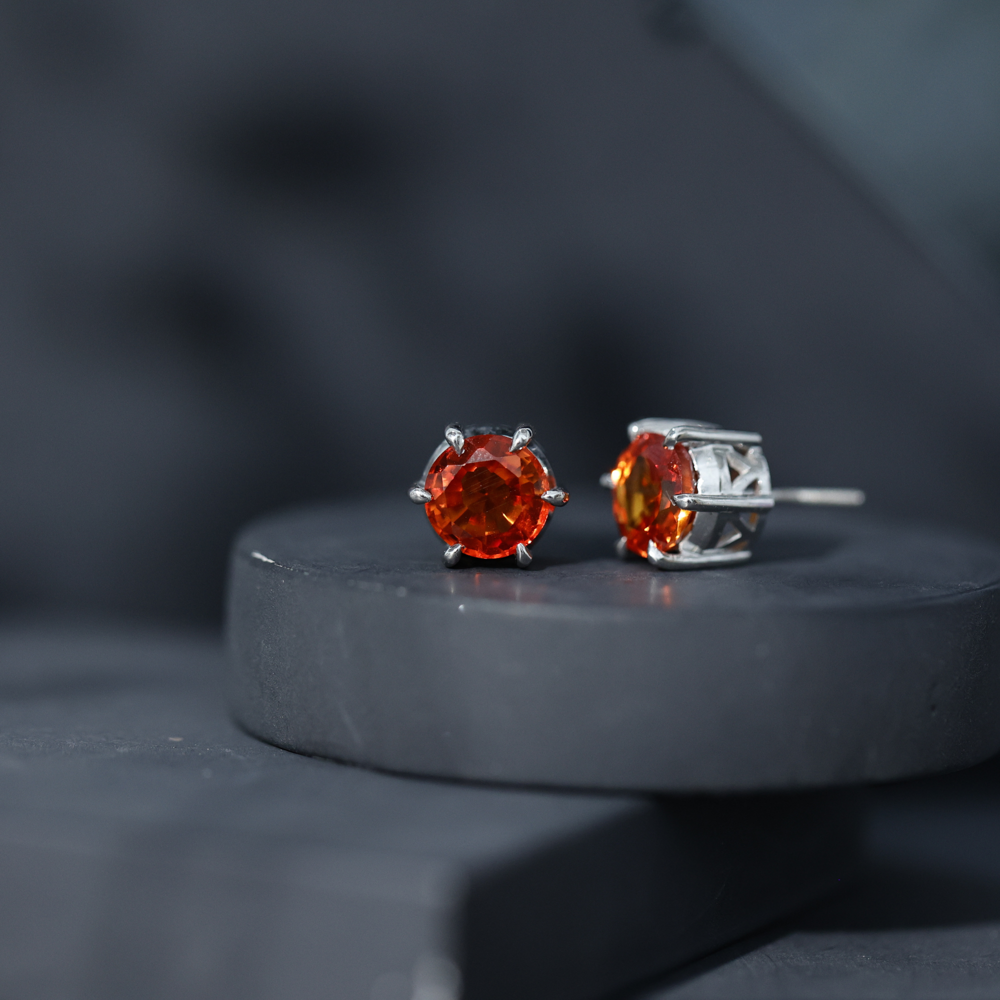 thumbnail video image 2 of Rosec Jewels Lab Grown Orange Sapphire Solitaire Stud Earrings with Screw Back - 10 mm, 14K White Gold, 2 of 9