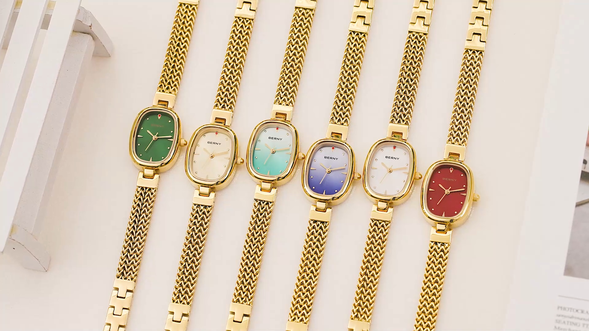 thumbnail video image 2 of BERNY Small Gold Watches for Women, Dainty Oval Analog Quartz Bracelet Watch, Stainless Steel, Waterproof, Minimalist Luxury Ladies Watches Gifts (White), 2 of 10